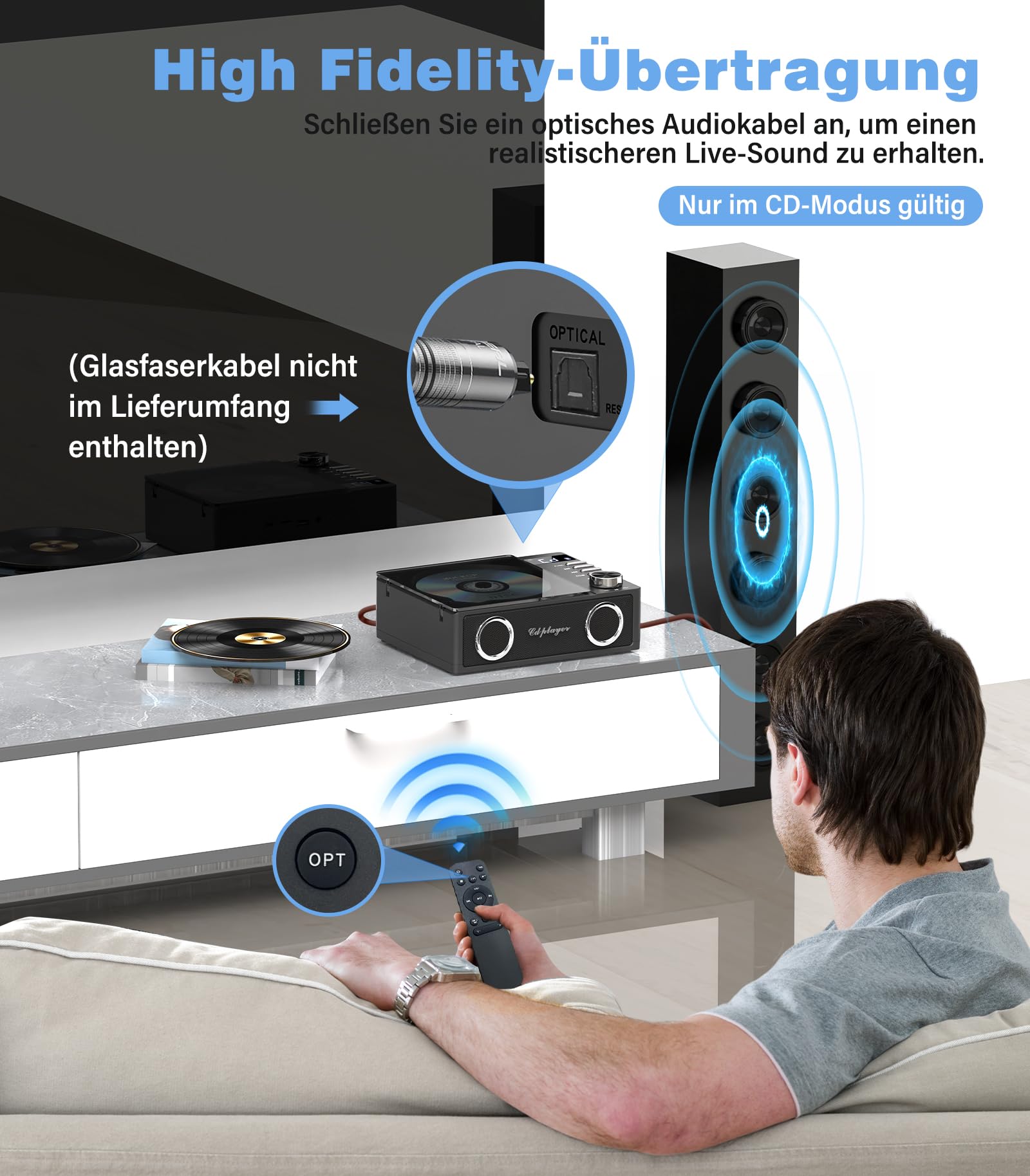 Greadio CD Player Tragbar mit Bluetooth 5.3, 4000mAh Wiederaufladbarer CD-Player mit Fernbedienung, HiFi-Sound-Lautsprecher, unterstützt USB, TF, AUX, LED-Display für Zuhause/Auto/Geschenk