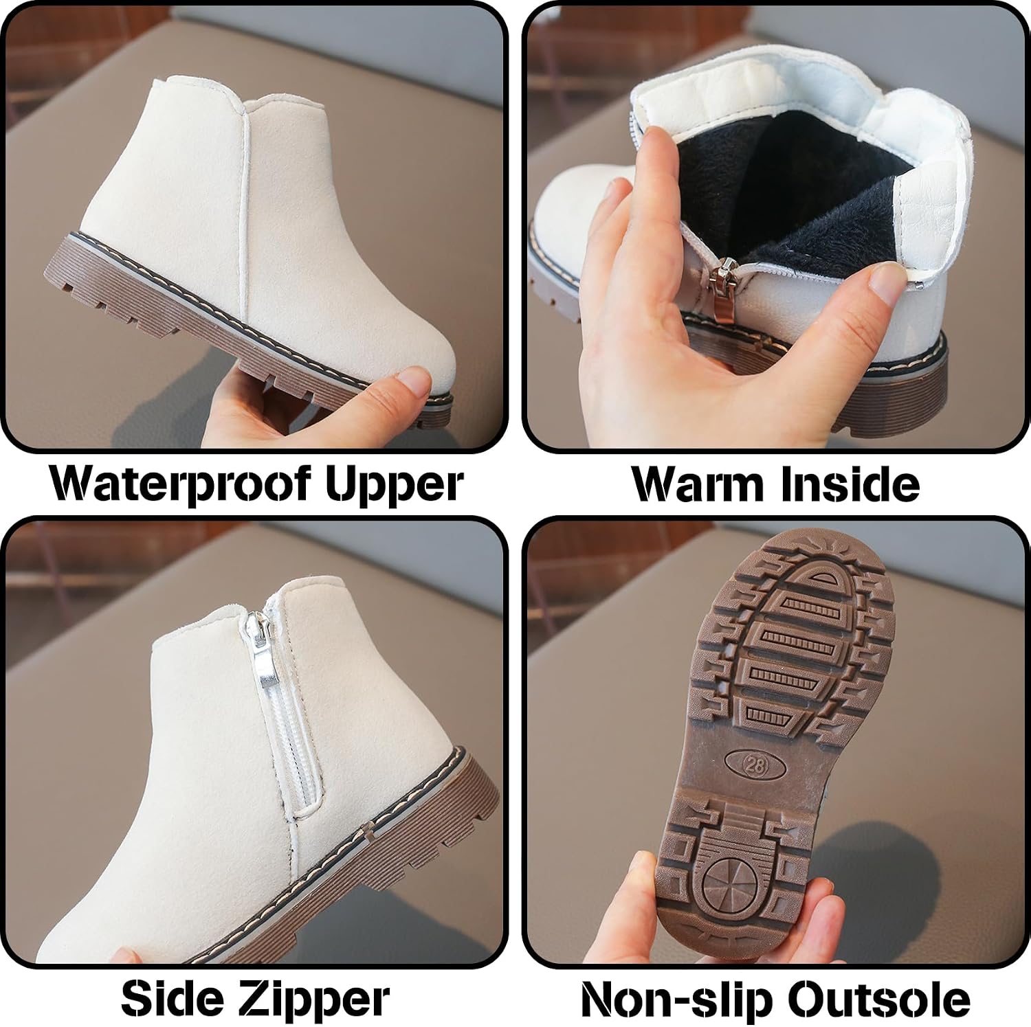 Kids Boots Boys Girls Side Zip Ankle Boots Waterproof Snow Booties