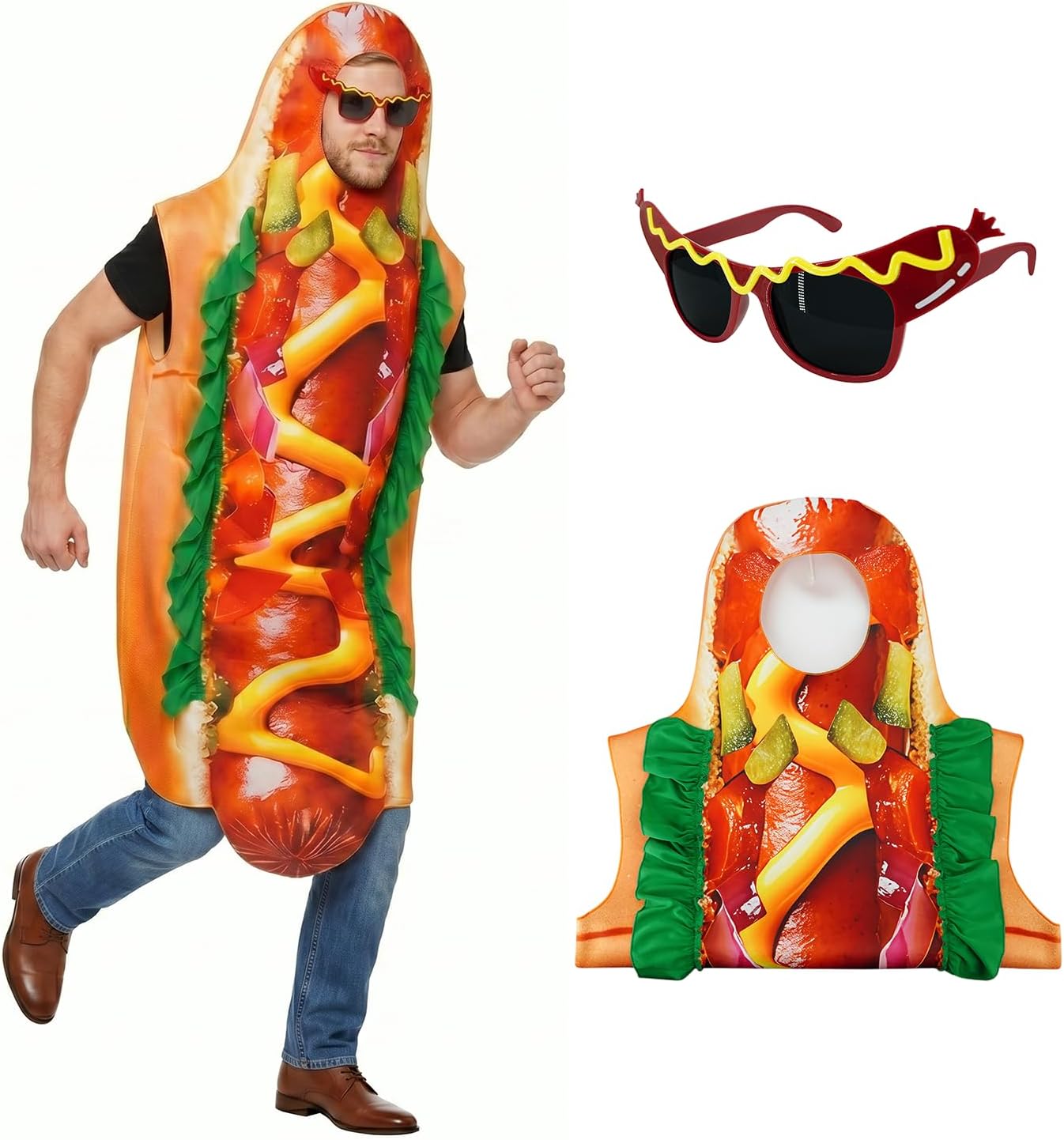 Hot Dog Costume for Adult Cartoon Halloween Funny Food Jumpsuit Onesie Sausage Glasses Set Carnival Couples Costume