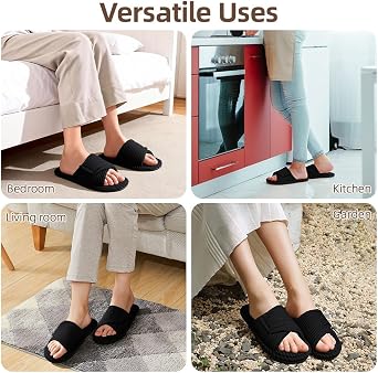 Ladies House Slippers Memory Foam, Adjustable Hook and Loop Corduroy Womens Slippers, Open Toe Cosy Non Slip Indoor Outdoor Home Slipper