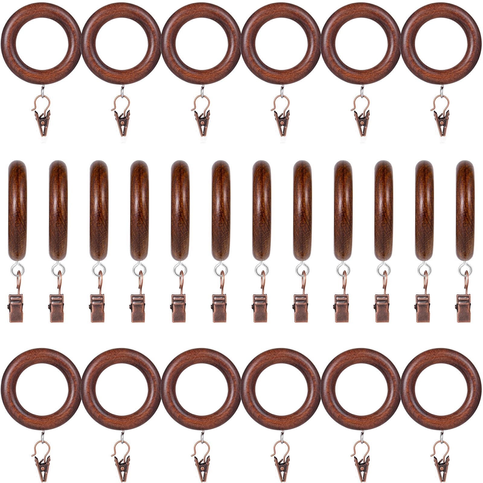 24 Pack Wooden Curtain Rod Rings with Drapery Clips Farmhouse Beech Wood Drapes Rings 1.5 Inch Interior Diameter Rustic for 1.1 Inch Curtain Rod Pole (Retro Brown, Inner Dia 1.5 in)