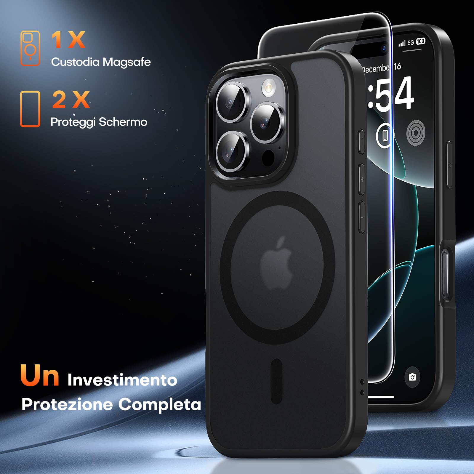 TAURI 3 in 1 Kit Magnetica Cover per iPhone 16 Pro [Compatibile con MagSafe] con 2 Pellicola in Vetro Temperato, Custodia Rigida per Sottile Anticaduta - Nero Opaco