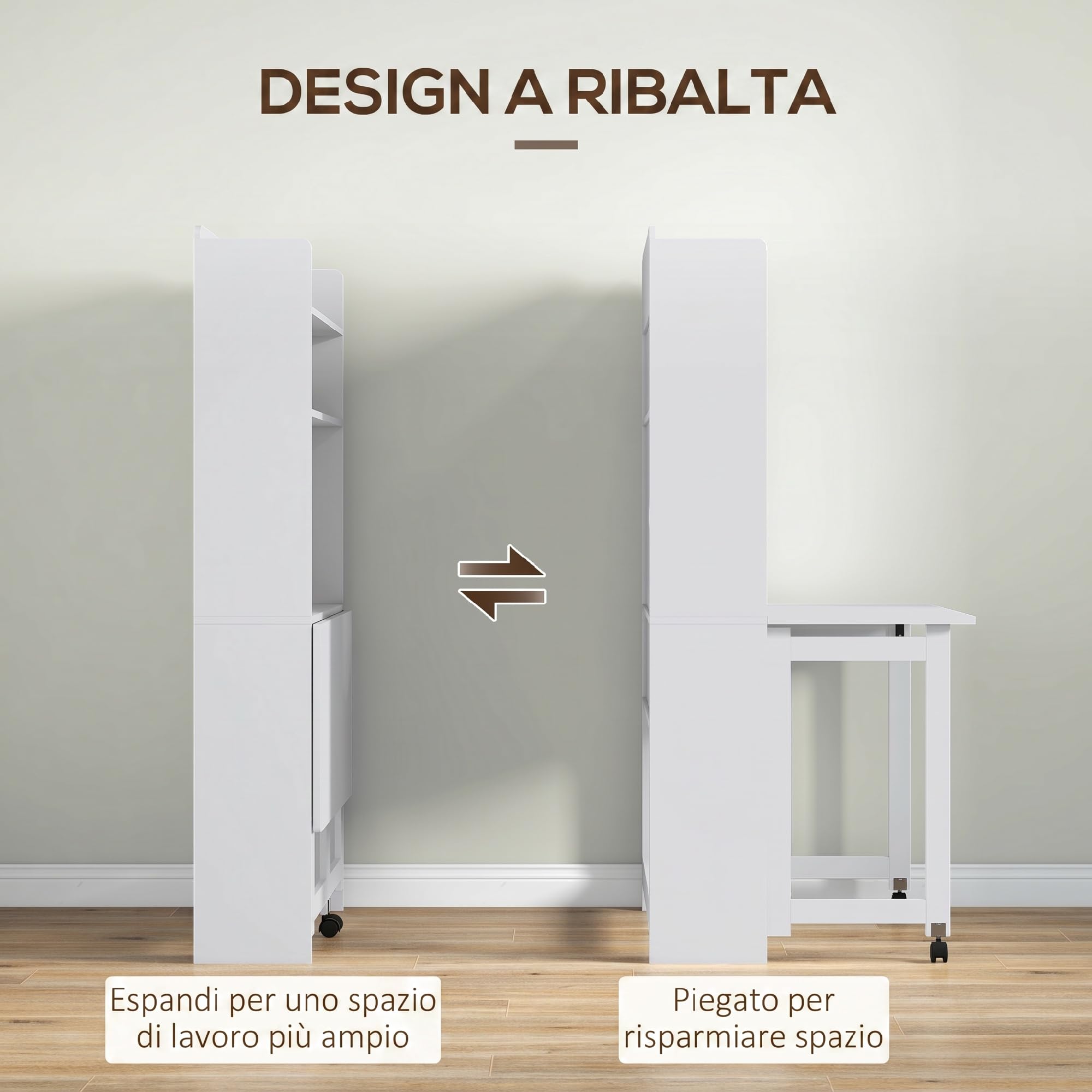 HOMCOM Scrivania con Libreria, Piano Pieghevole, 80x69x155 cm, Bianco | 2 Ruote e 4 Ripiani, Scrivania Salvaspazio Moderna con Foro Passacavi, Tavolo per Computer, Casa Ufficio Studio