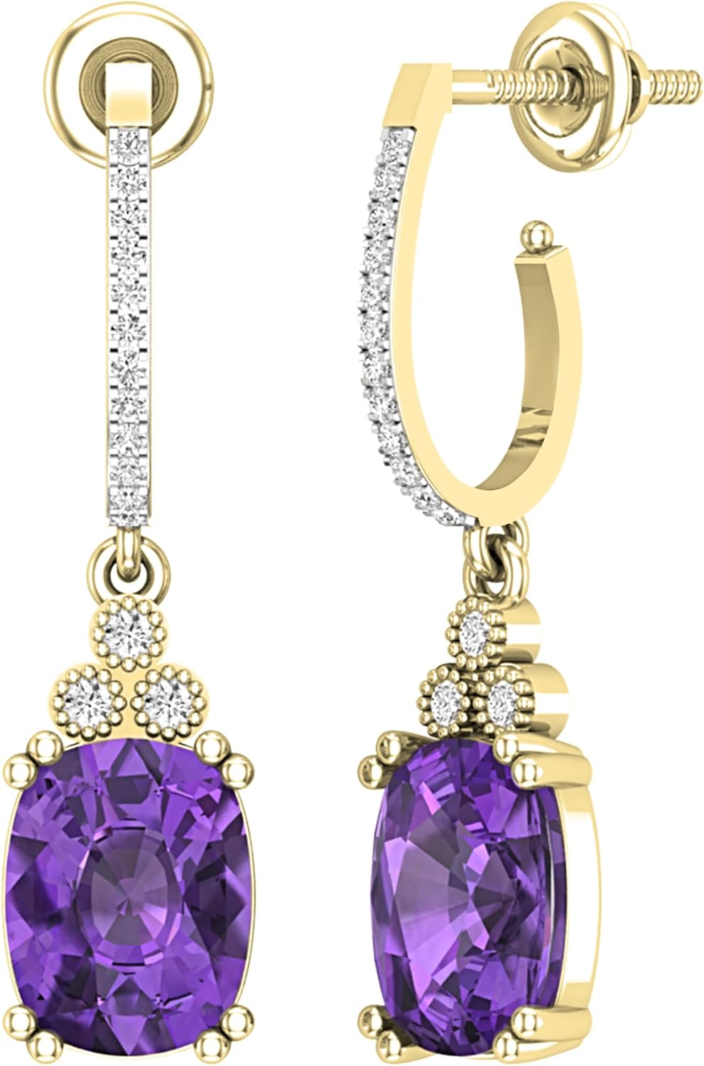Dazzlingrock Collection 9x7mm Cushion Stone & Round White Diamond J-Shape Dangle Drop Earrings for Women with 14K Solid Yellow Gold