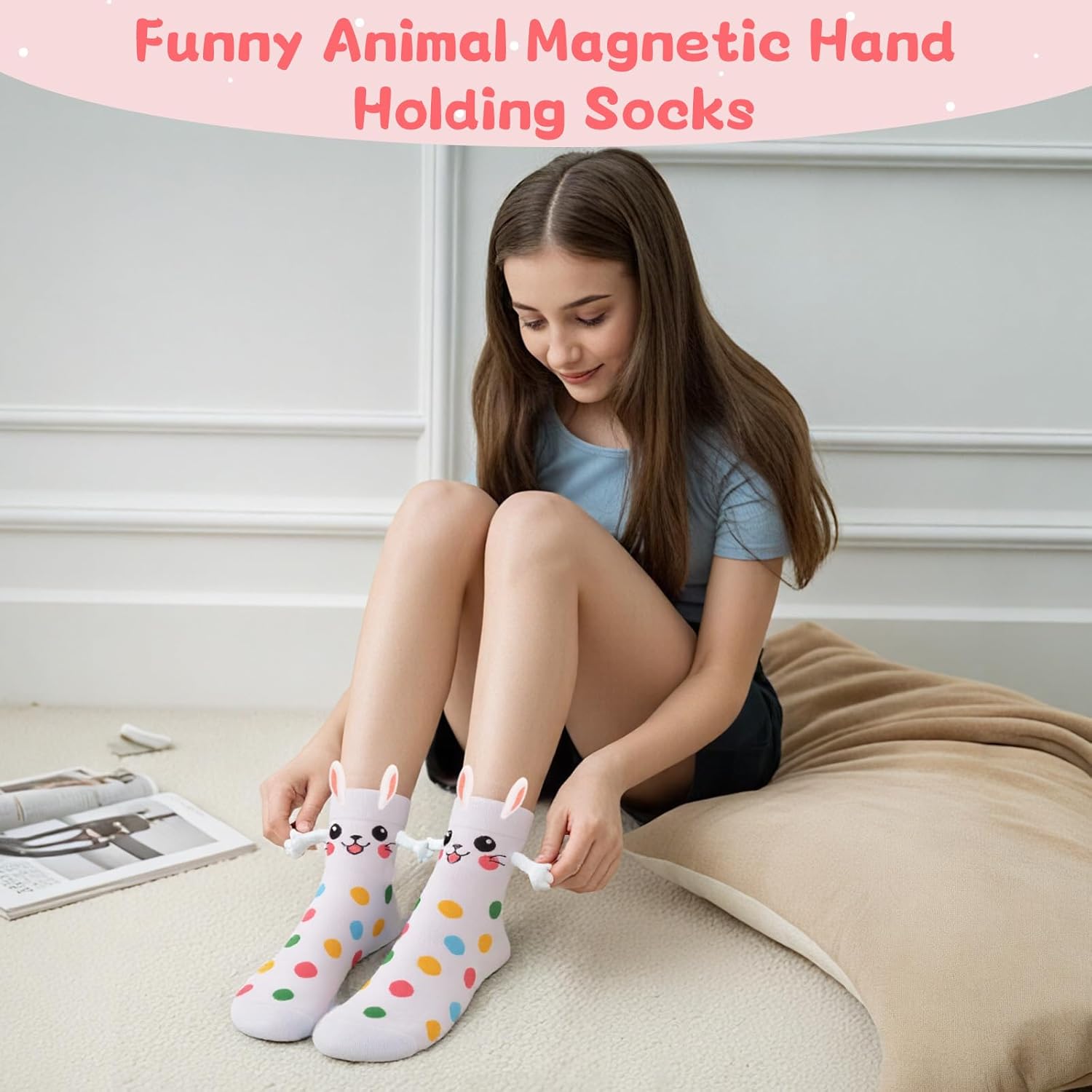 Funny Bunny Socks, Crazy Animal Magnetic Hand Holding Socks Easter Gifts for Women Friends Teen Girls - Image 5
