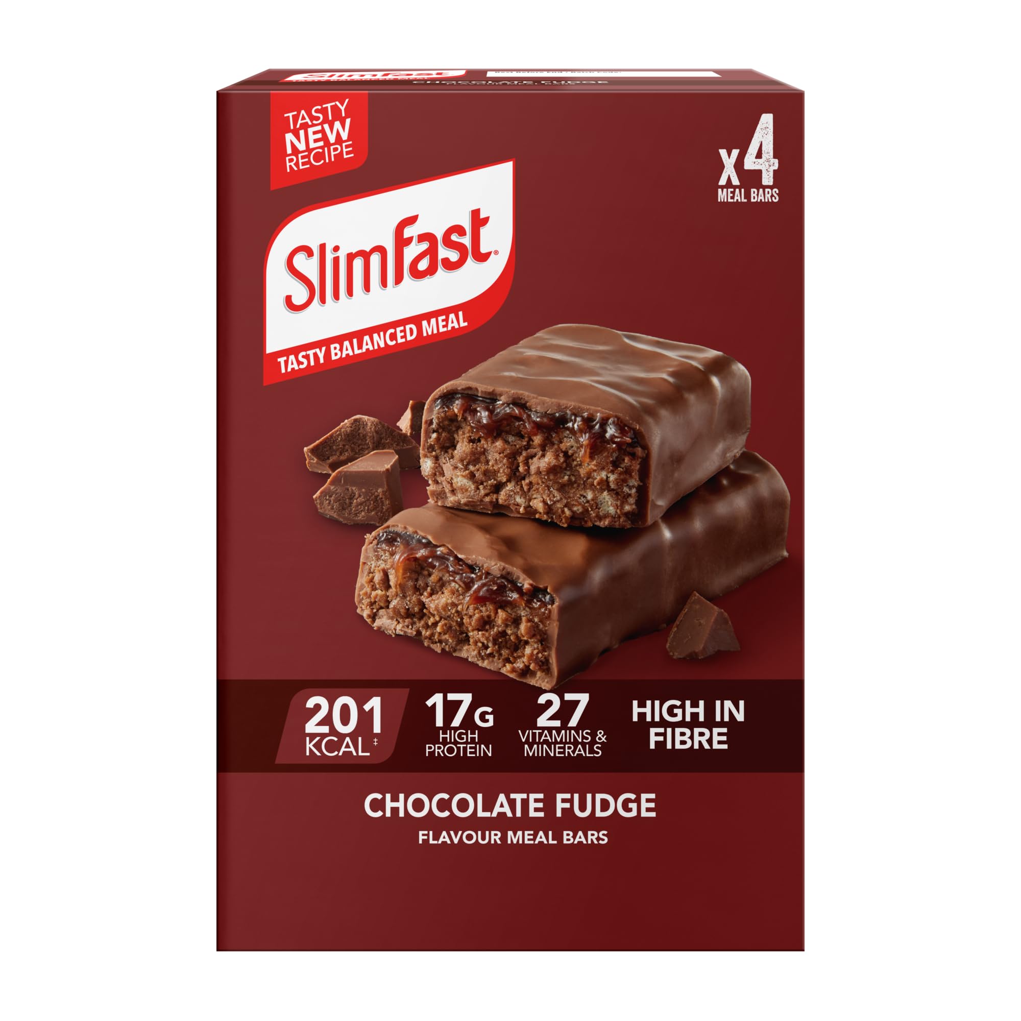 SlimFast Meal Replacement Snack Bar • Chocolate Fudge Flavour • 211 Cals • 15g Protein • 23 Vitamins and Minerals • Tasty and Perfect On The Go • 4 x 60g Bars