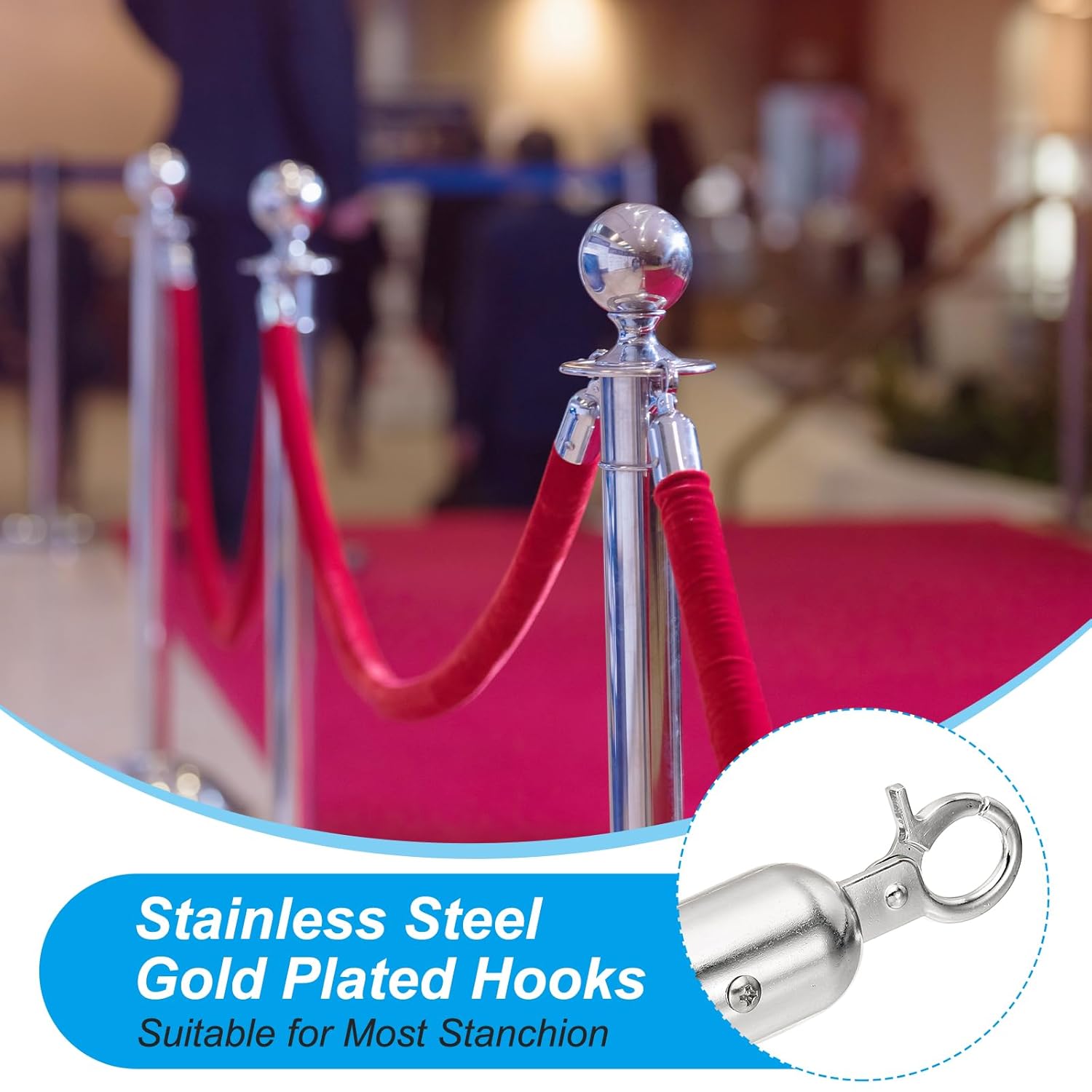 PATIKIL 6 Pack Red Velvet Stanchion Rope, 6 Ft Crowd Control Ropes Barrier Hanging Rope with Stainless Steel Silver Plated Hooks for Carpet Events Movie Theaters Opening Activities