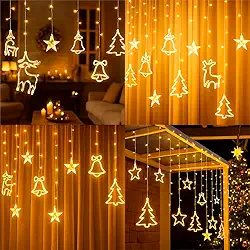Cascata com 120 LED Formato de Árvore, Sino e Rena 8 Funções de Pisca para Cortina de luz para decorações de Natal 3 Metros Branco Quente 110 Volts