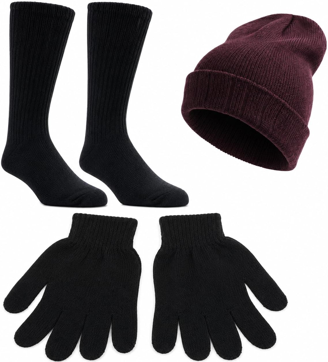 Winter Beanie Hat Gloves Socks Set for Adults, Thick Thermal Cold Weather Winter Accessories Bundle, Assorted Colors
