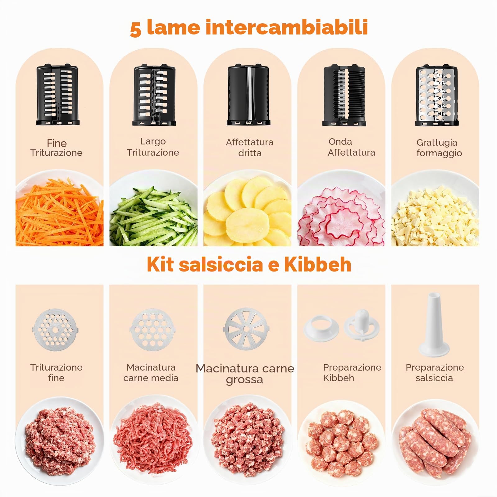 Tritacarne elettrico,insaccatrice per salsicce,tritacarne elettrico in acciaio inossidabile da 2800W max e tritatutto per verdure,3 piastre di macinatura,taglierina per verdure con 5 lame