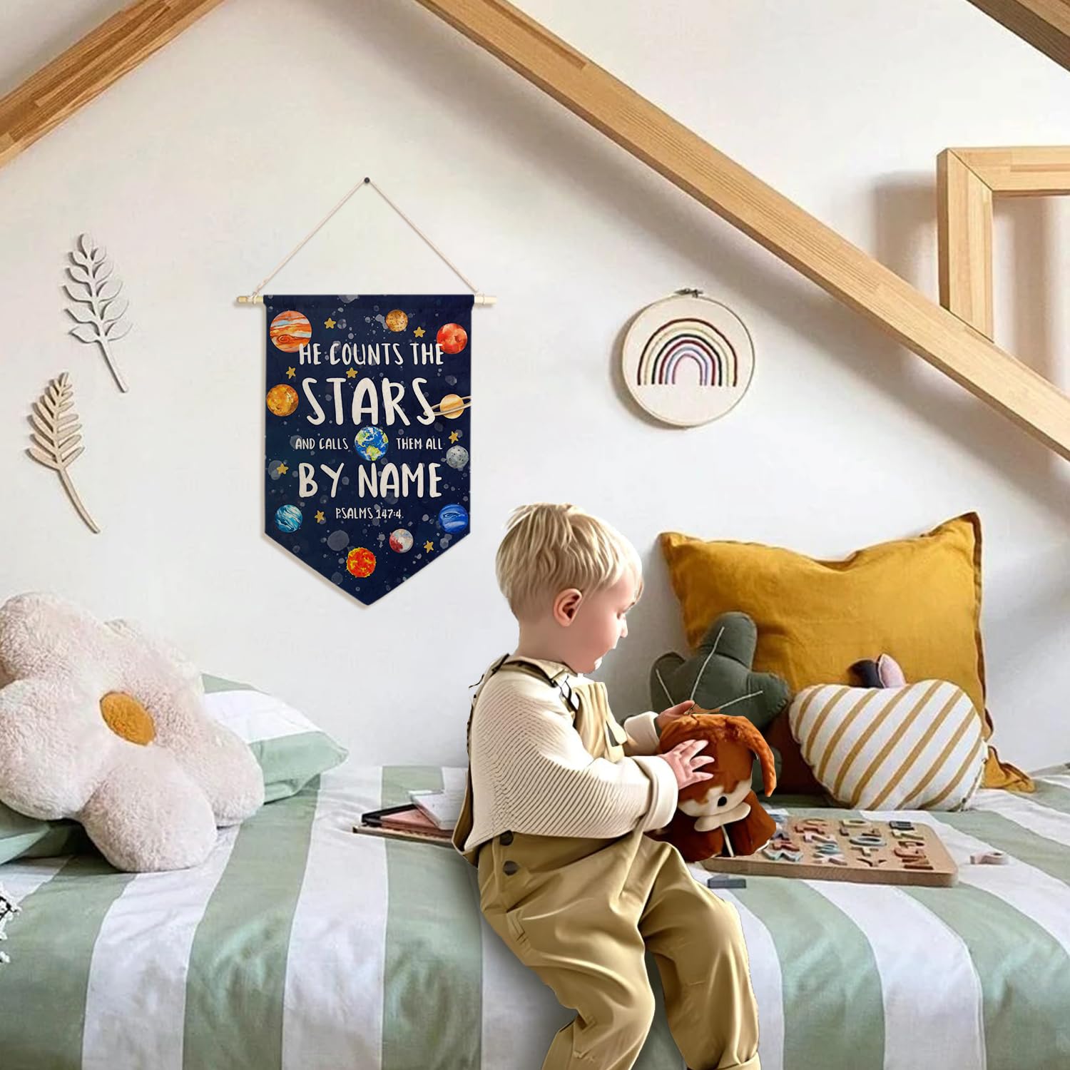 ArtisaEura Christian Space Wall Canvas Banners, Space Nursery Decor, Solar System Bible Verse Hanging Display Pennant Banner Flags, Navy Blue Nursery Wall Decor for Kids Boys Room Bedroom Playroom