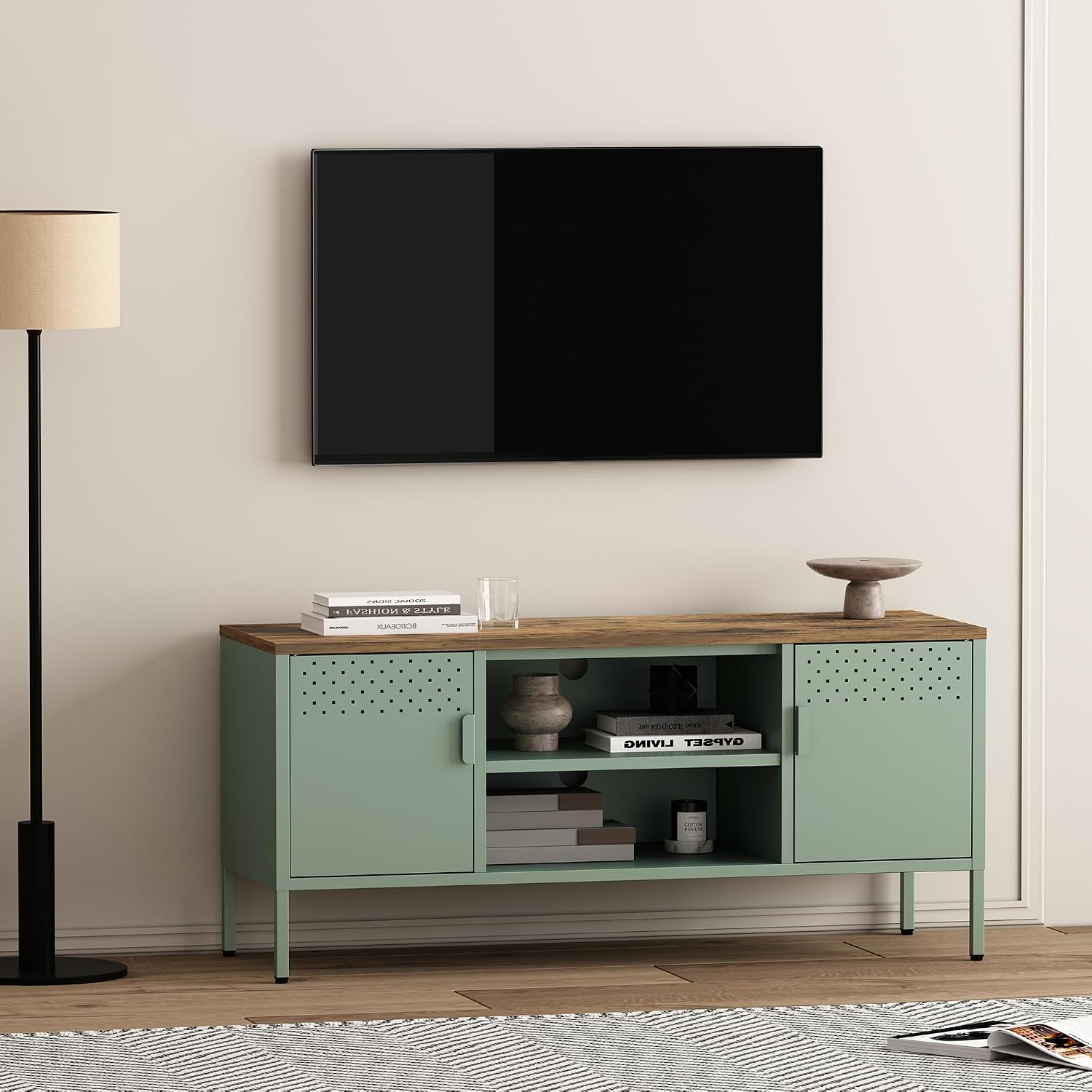 Manhattan Comfort Landen 47" Modern Metal TV Stand with Storage Cabinets & Open Shelves, Holds Up to 40" Screen, TV Console with Natural Wood Top, Cable Management, Adjustable Legs, Green
