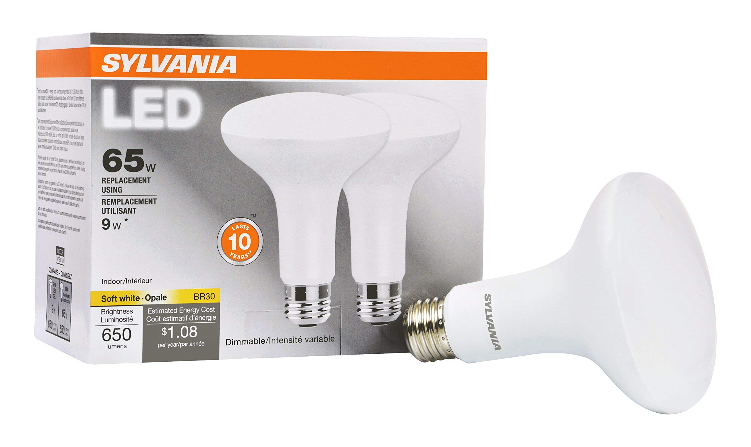 sylvania led flood br30 light bulb 65w equivalent efficient 9w 10 year 650 lumens dimmable 2700k soft white - 2 pack 73954