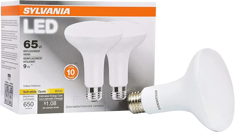Sylvania Bombilla LED Flood BR30, equivalente a 65 W, eficiente 9 W, 10 años, 650 lúmenes, regulable, 2700 K, blanco suave, paquete de 2 (73954)