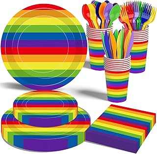 175 Pcs Rainbow Stripes Party Supplies Set - Serves 25, Colorful Disposable Plates, Cups, Napkins, Forks, Spoons, and Knives for LGBTQ+ Pride Month, Rainbow-Themed Birthday, Wedding Decorations