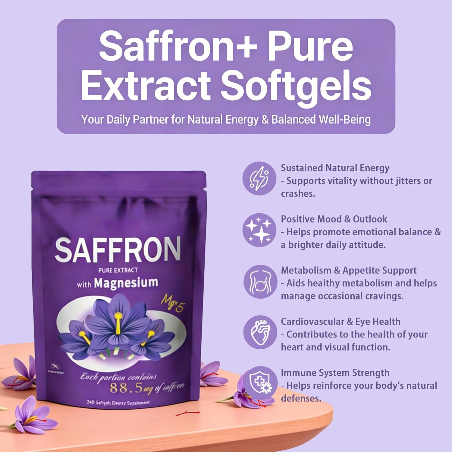 Saffron Supplement with Magnesium – Pure Saffron Extract 88.5mg per Serving Magnesium to Support Mood, Focus & Daily Wellness | Vegan, Gluten-Free Capsules for Women & Men, 240 Count