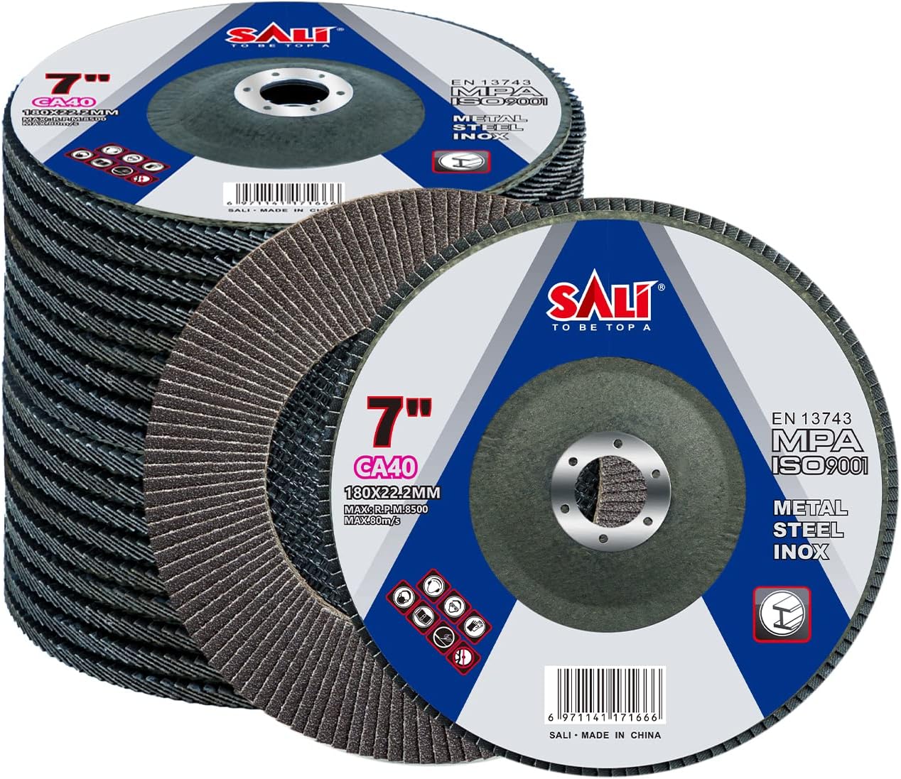 Sali 10 Pack Flap Disc 40 Grit 7" x 7/8-Inch Sanding Disc Bevel Type #29 Premium and Industrial Grade Angle Grinder Grinding Wheel High Performance Edge Grinding