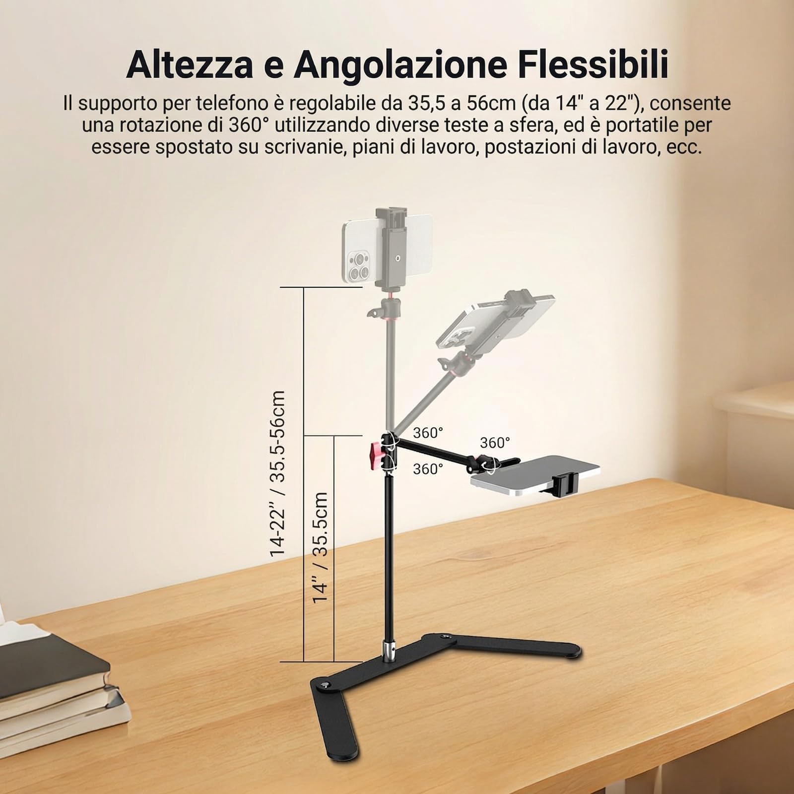 NEEWER Supporto Treppiede Telefono Overhead con Braccio Articolato con Doppia Testa Sferica, Porta Cellulare da Tavolo con Base Pieghevole per Pianoforte Cucina Disegno Schizzi Streaming Live, DS026