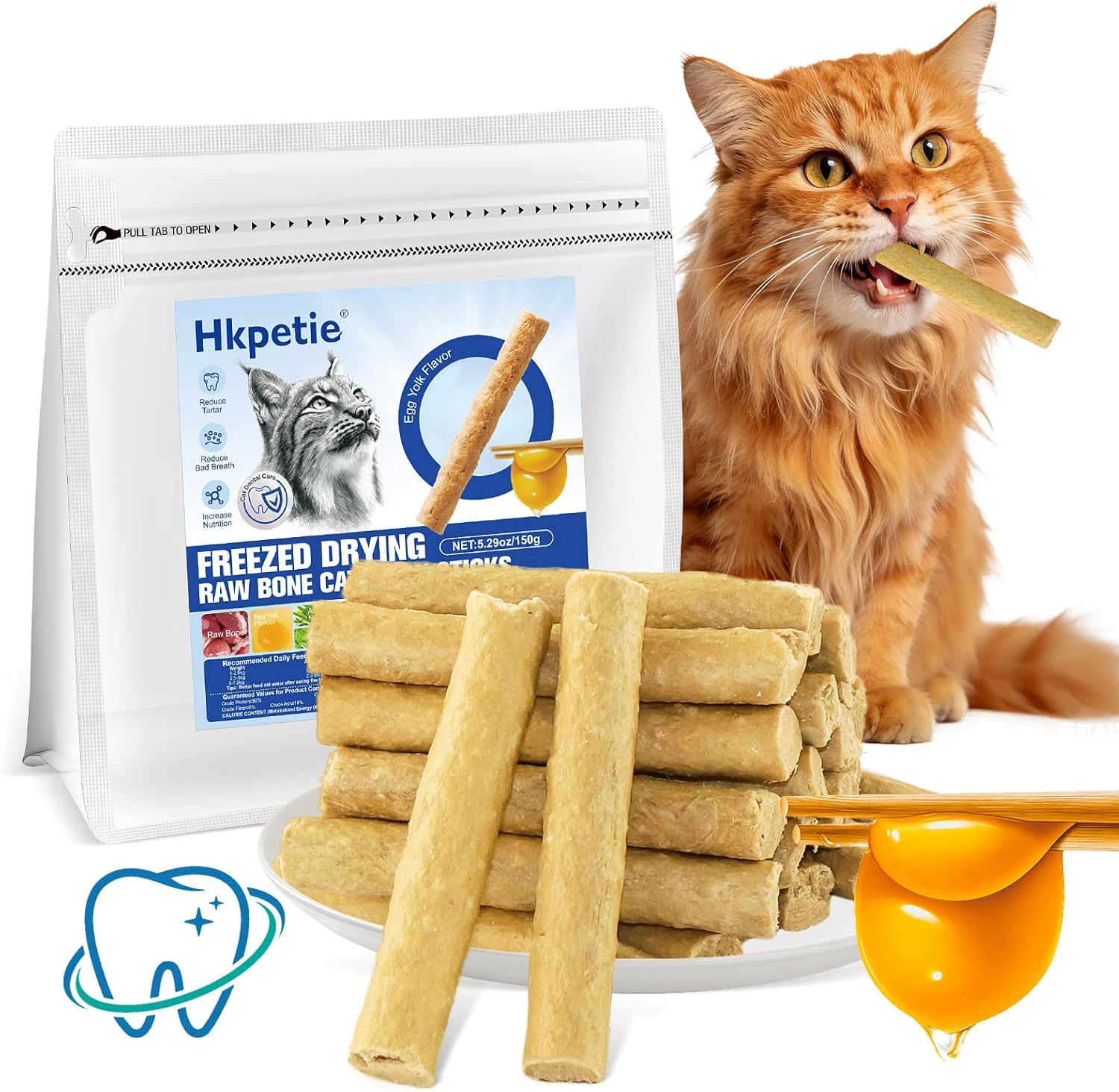150g Freezed Dried Cat Chew Stick Egg Yolk Flavor, Cat Dental Treats for Reduce Tartar and Freshens Breath, Feline Teething Sticks Cats Treats Snack
