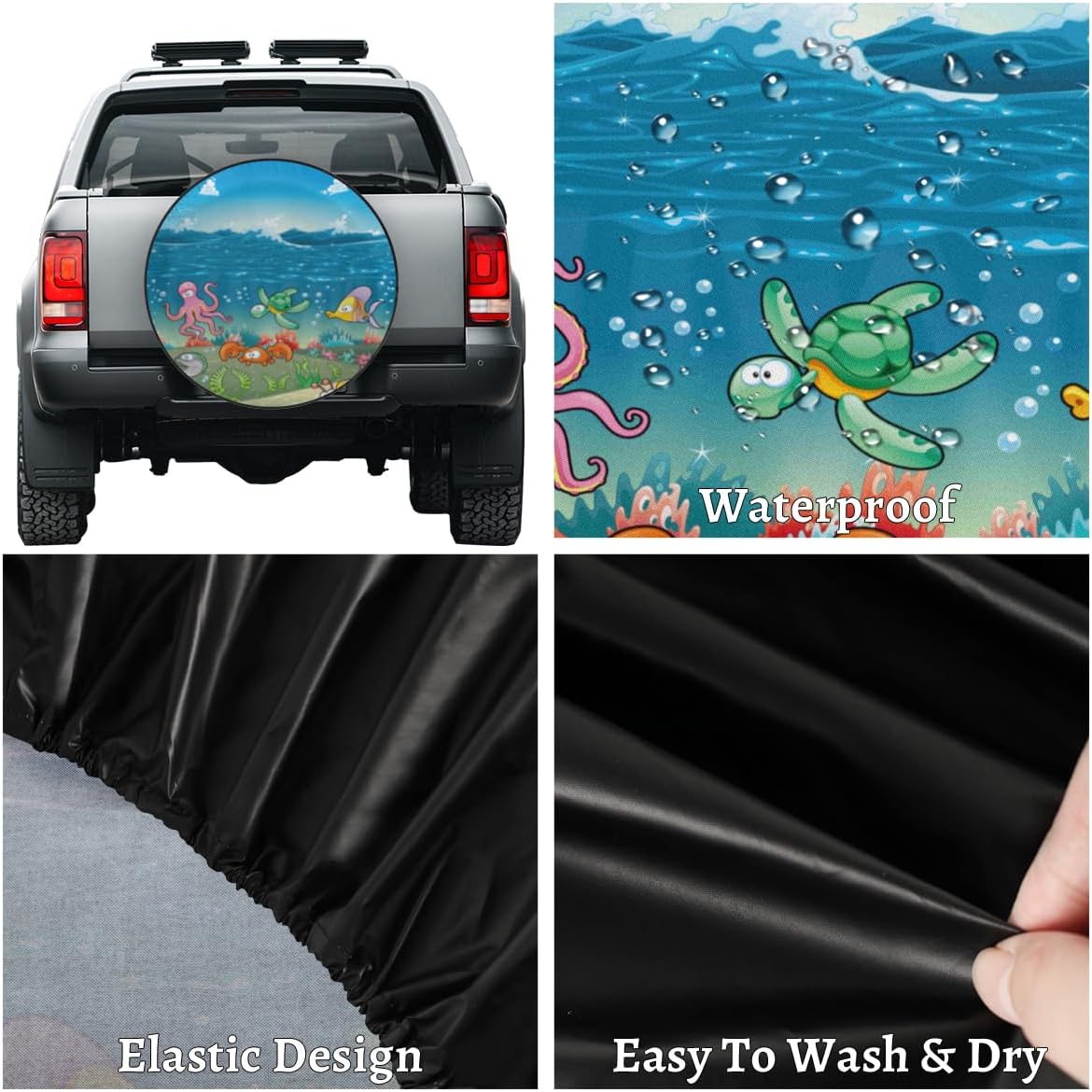Marine Cartoon Animals Tire Covers Portable Spare Tire Cover Soft Durable Waterproof Dustproof 3 Sizes 14 15 16 Inches for Car Truck SUV Trailer Camper