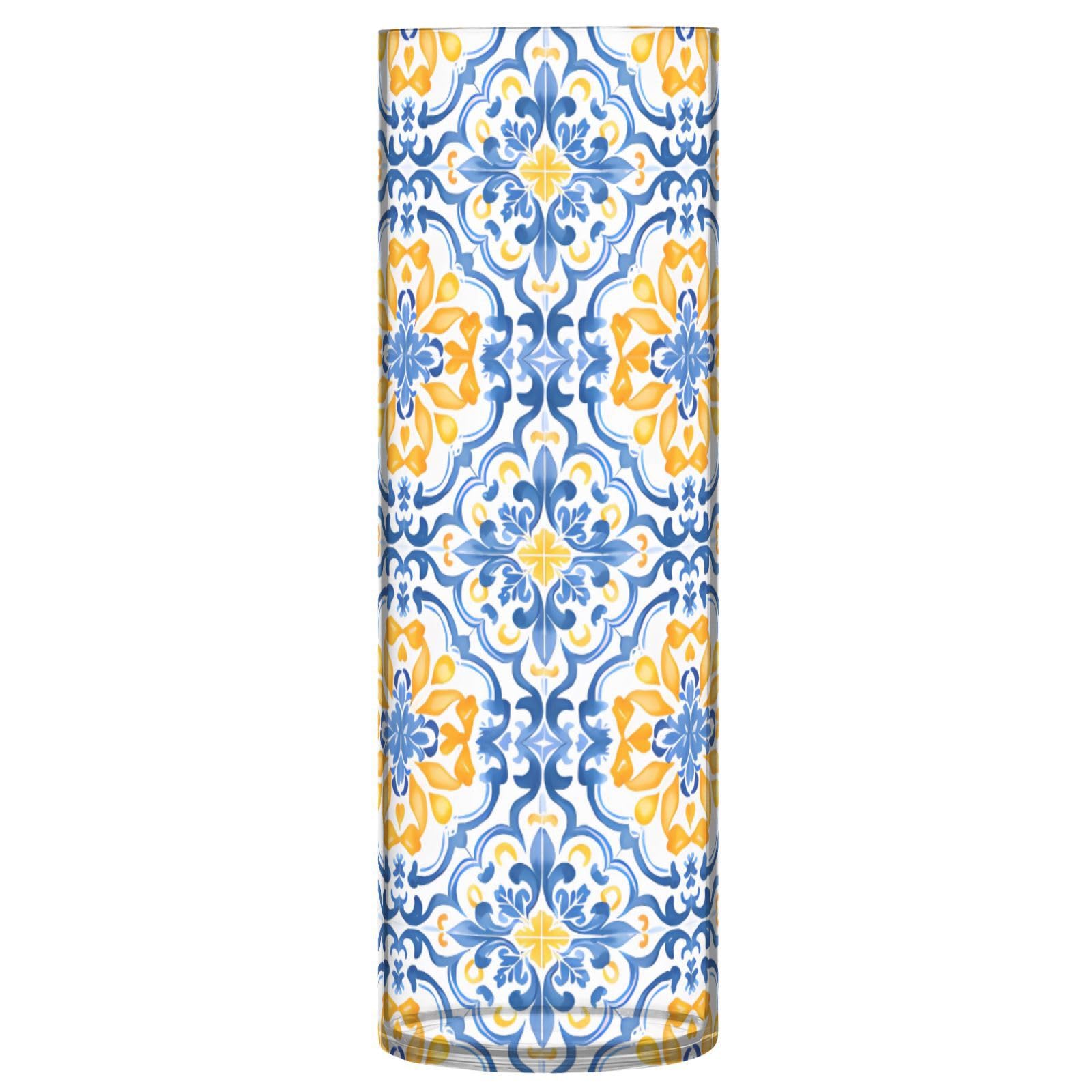 Vase marocain imprimé bleu et jaune pour fleurs et décoration de table