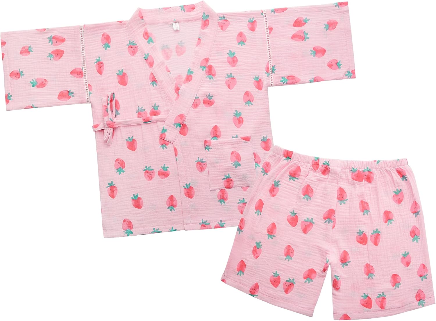 Relibeauty 甚平 女の子 子供 キッズ 綿100 おしゃれ 可愛い 浴衣 パジャマ 花火大会 夏祭り 部屋着 上下セット 半袖 前開き ピンク いちご柄