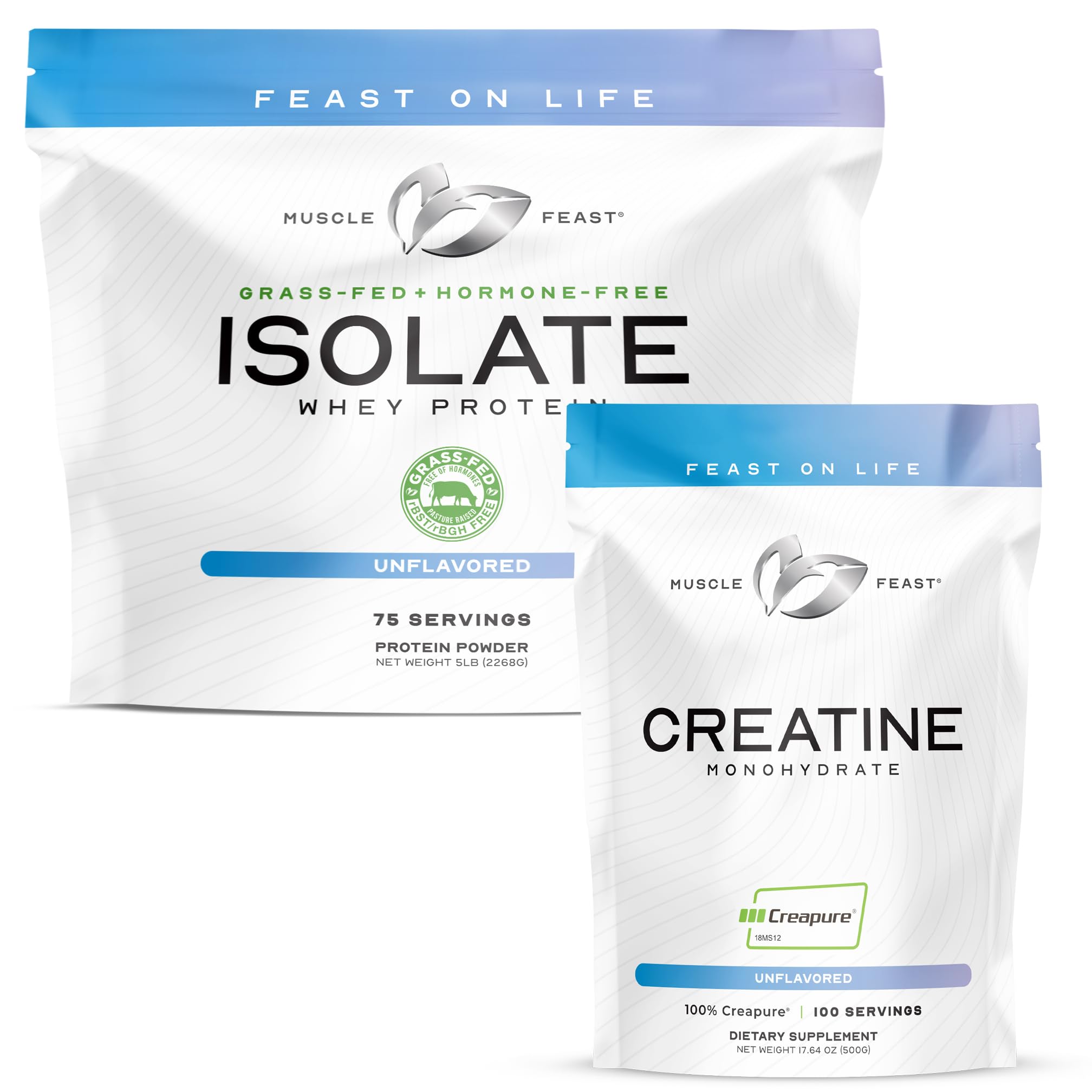 Muscle Feast Creapure Creatine Monohydrate - Unflavored 500g (x1) and Isolate Whey Protein Powder - Unflavored 5lb (x1) - Muscle Recovery and Performance Bundle