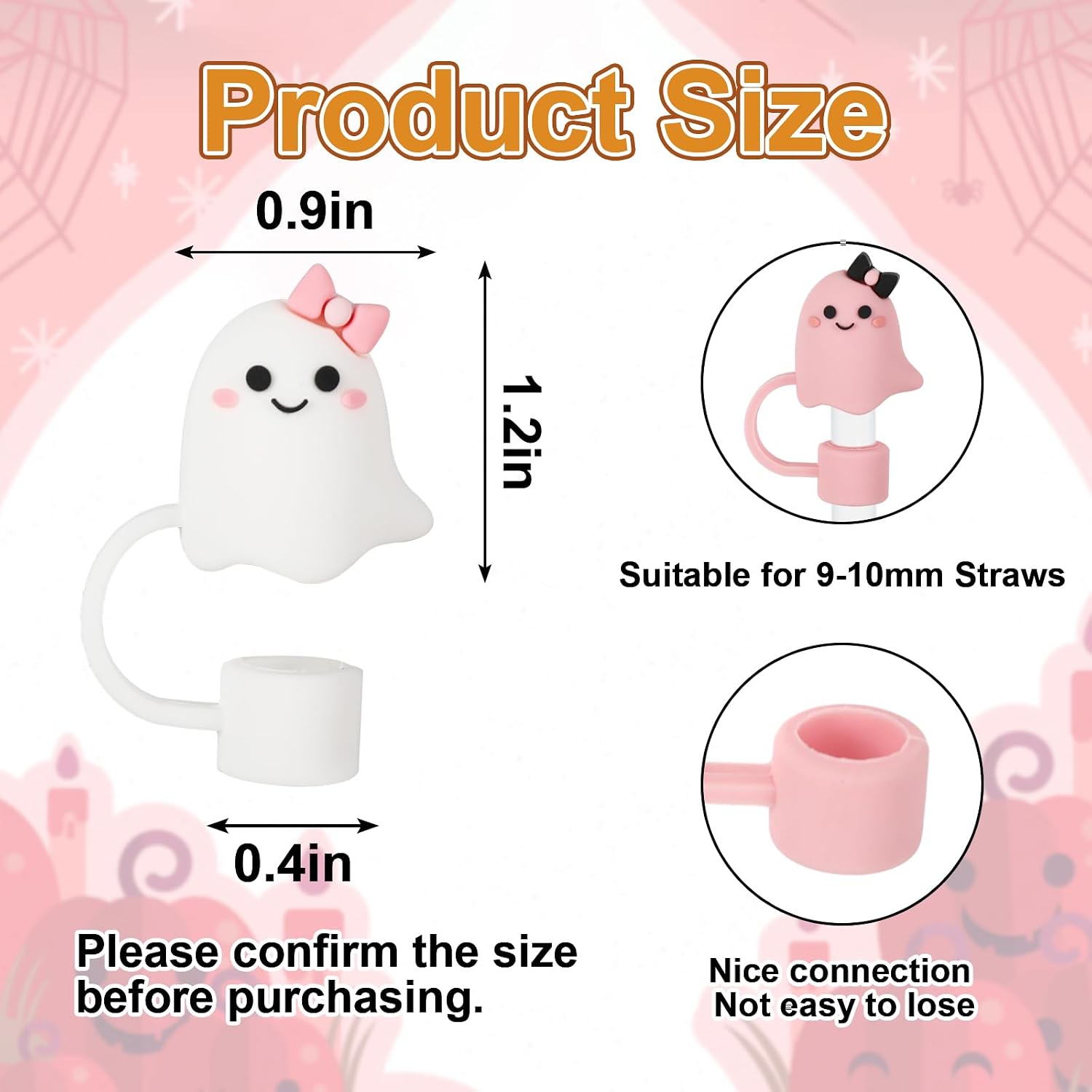 JarThenaAMCS 4 Pcs Halloween Straw Cover Cap Pink White Bow Ghost Silicone Straw Topper Reusable 10 mm 0.4 In Straws Lid Protector for 30/40 oz Tumbler Cup Accessories