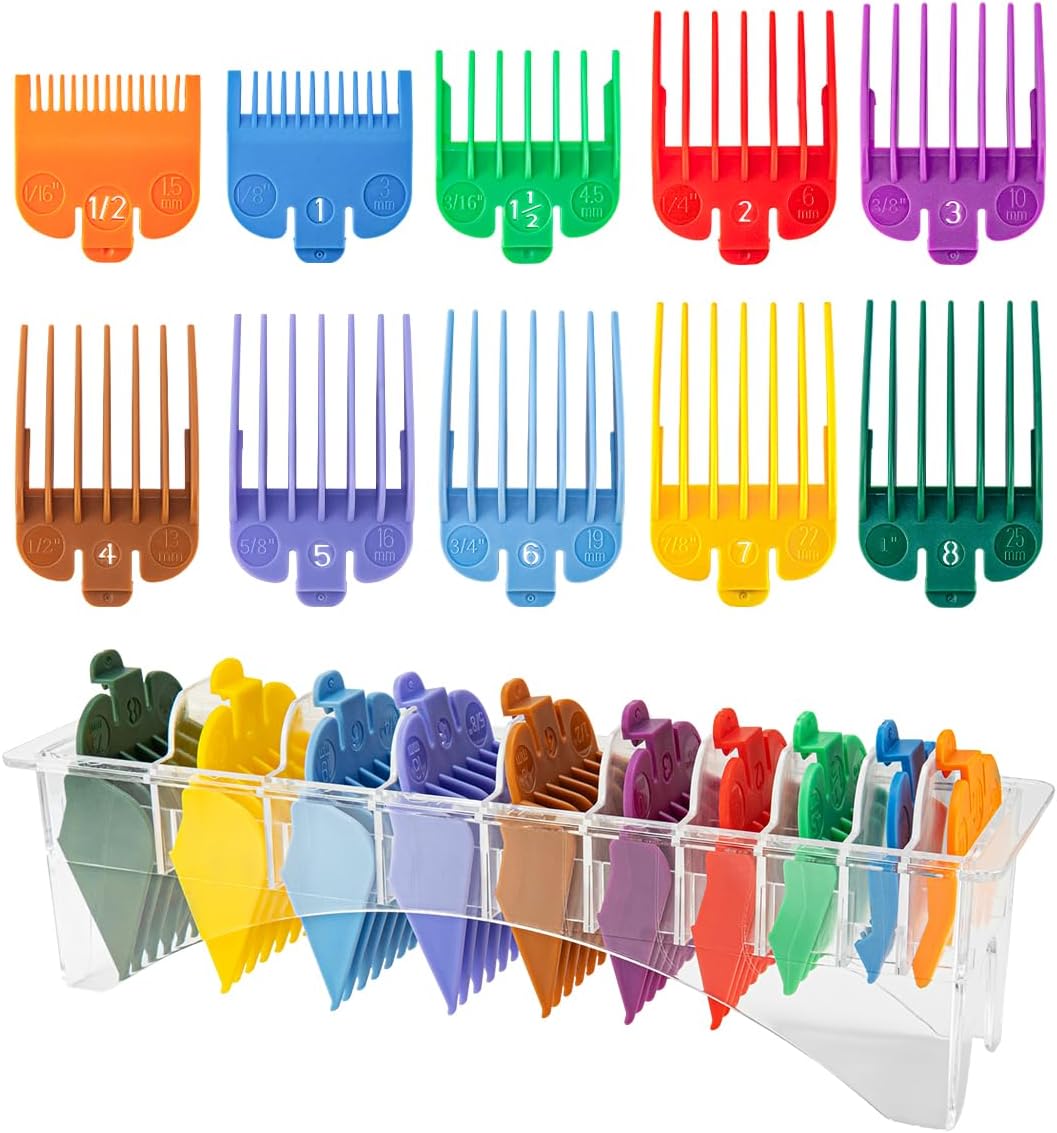 LAVEST 10 Professional Hair Clipper Guards Cutting Guides Fits For Most Wahl Clippers With Organizer,Color Coded Clipper Combs Replacement - 1/16" To 1"