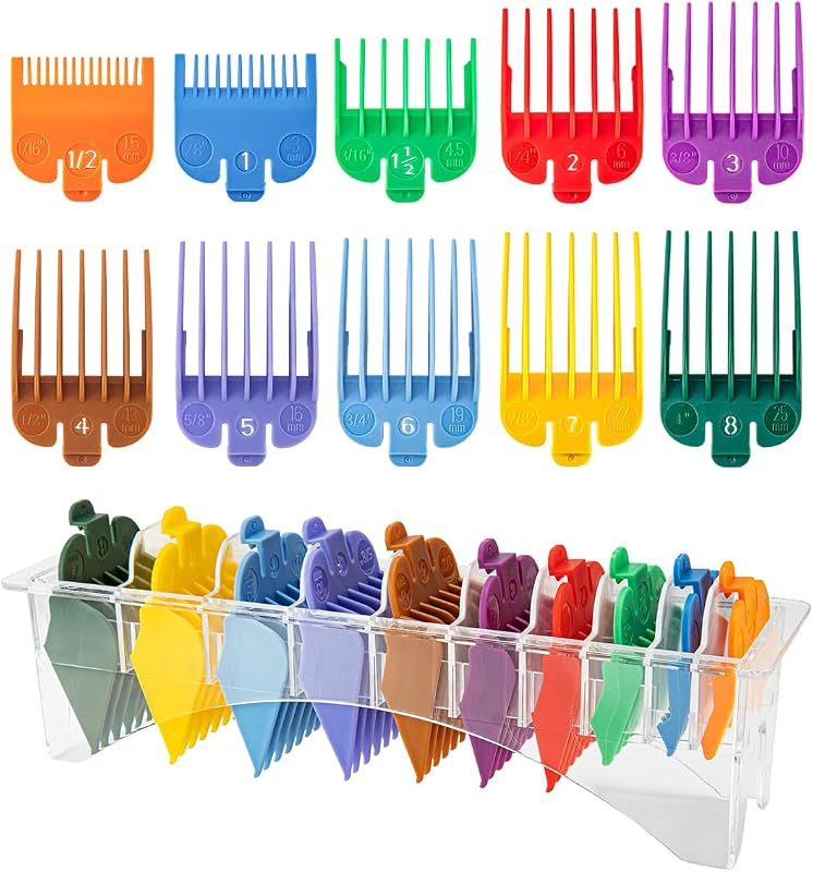 10 Professional Hair Clipper Guards Cutting Guides Compatible with Most Wahl Clippers (Not for All Models) with Organizer, Color Coded Clipper Combs Replacement - 1/16" to 1"