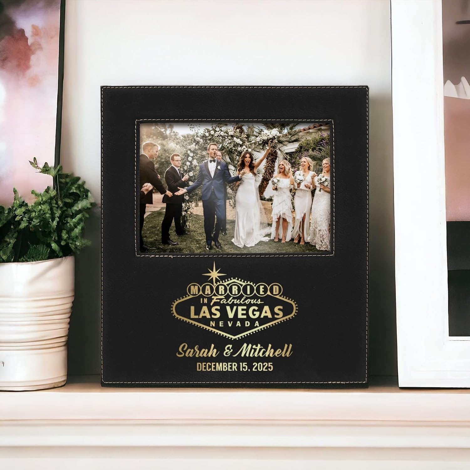 Personalized Married in Las Vegas Vegan Leather Photo Frame | Vegas Sign Couples Names Wedding Date Elopement Anniversary Keepsake (Married in Vegas - Black/Gold - 4x6 Photo)