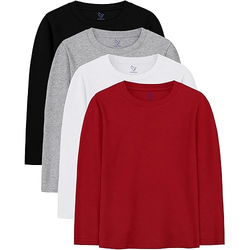 4 Pack Boys Long Sleeve Shirts Soft Cotton Basic Tees Youth Boys Long Sleeve T-Shirts Layering Shirts Tagless