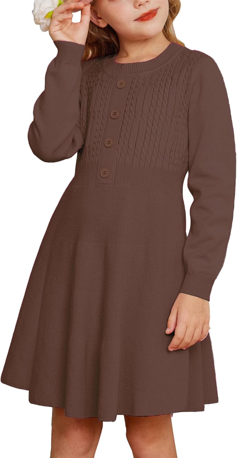 GRACE KARIN Girl Dress Long Sleeve Sweater Ruffle Button Front Knit Casual Fall Winter Dresses for Girls 5-12