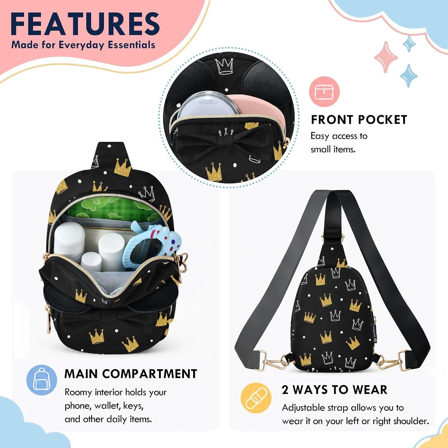 Sinestour Crowns Kids Crossbody Bags for Girls, 7.5x3.1x5.7Inches | Crossbody Fanny Pack, Toddler Purse, Cute Sling Belt Bag with Ears, 2L Small Shoulder Chest Bag for Travel