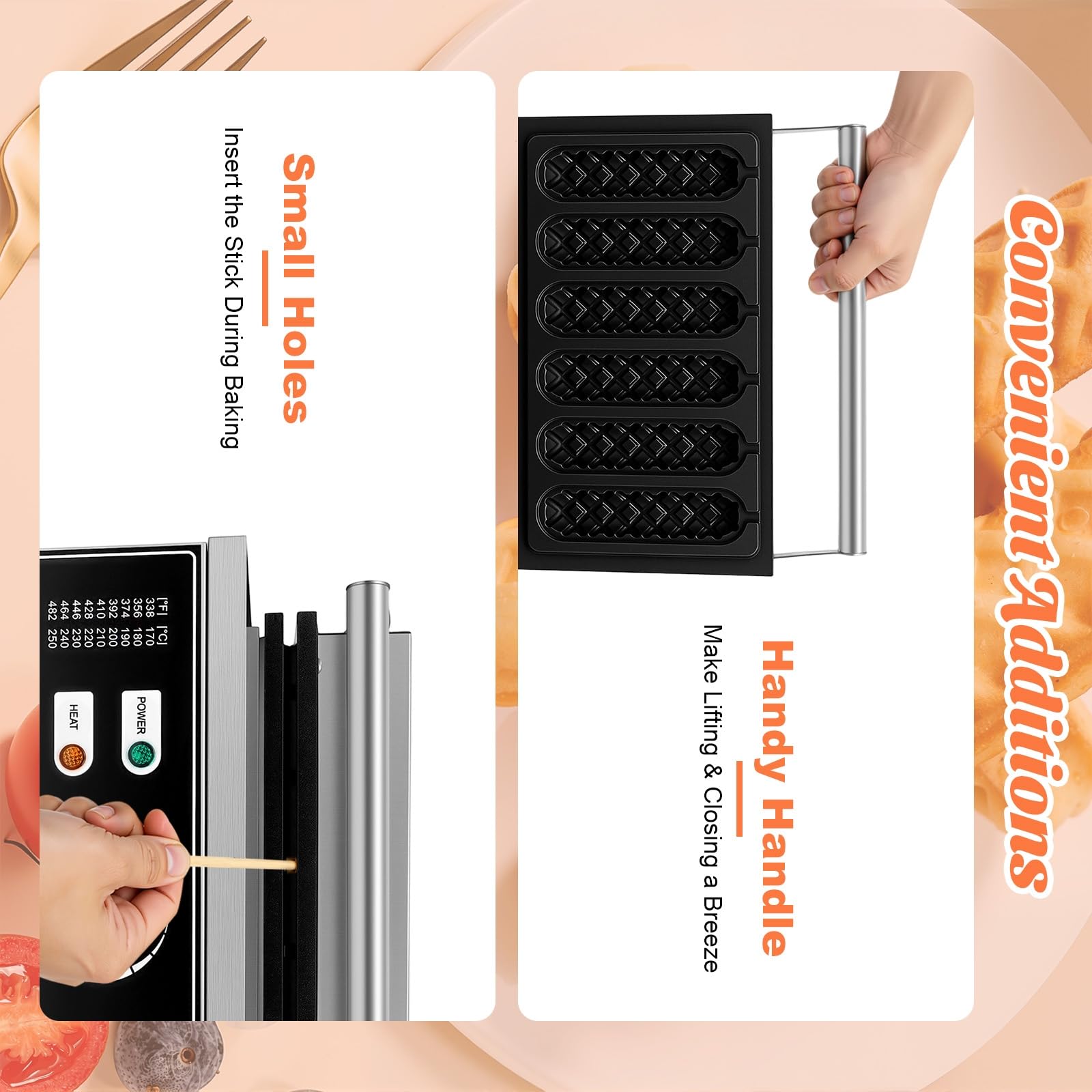 Piastra per waffle da 1500 W, con 6 manici, in acciaio inox, con controllo della temperatura e timer, macchina per waffle sul bastone, per casa e commercio