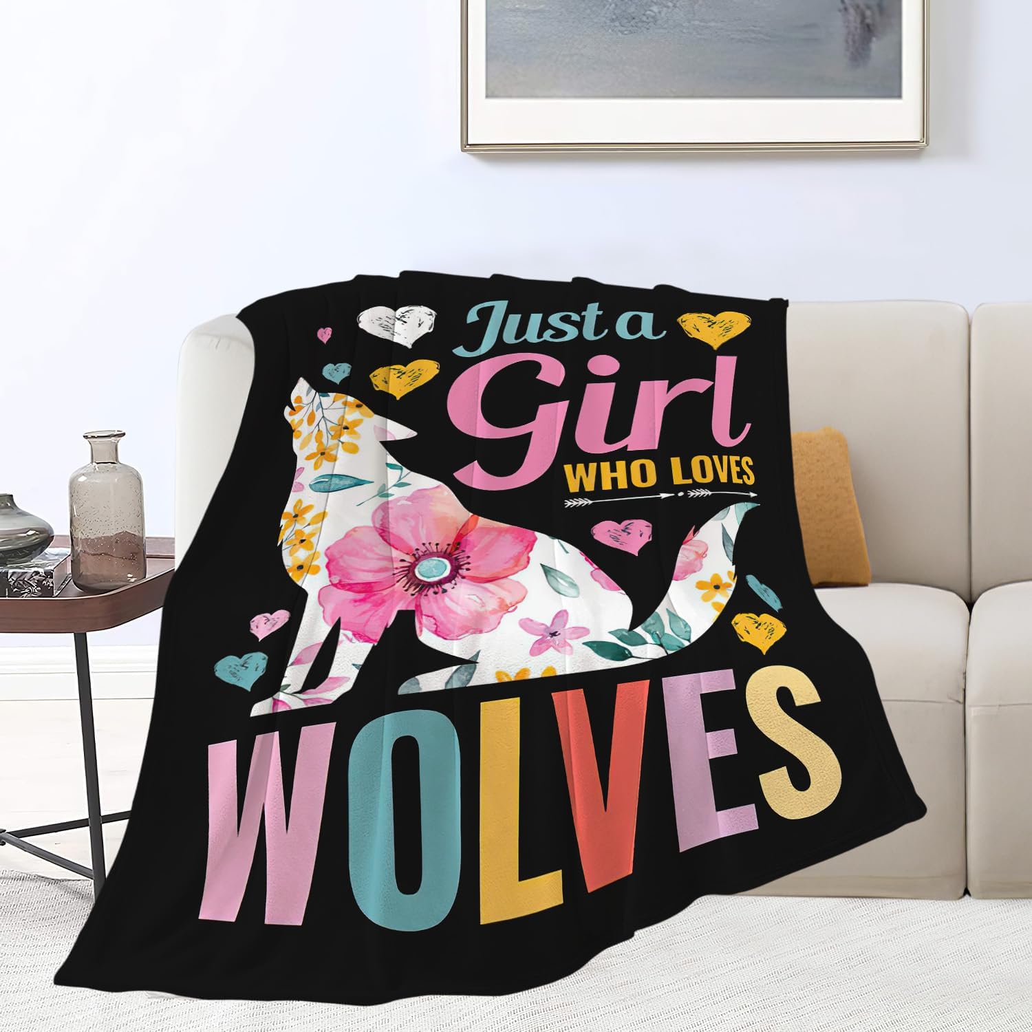 SweetFox Just A Girl Who Love Wolves Blanket Cute Wolf Decor Animal Throw Blanket Gifts for Girls Boys Super Warm Soft Plush Fleece Flannel Winter Couch Bedding for Baby Kids Adults Women 50"X40" - Image 2