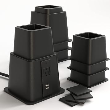 Home Intuition Heavy Duty Adjustable Bed Risers Furniture Riser 3, 5 or 8-Inch, 4 Pack Black W/USB