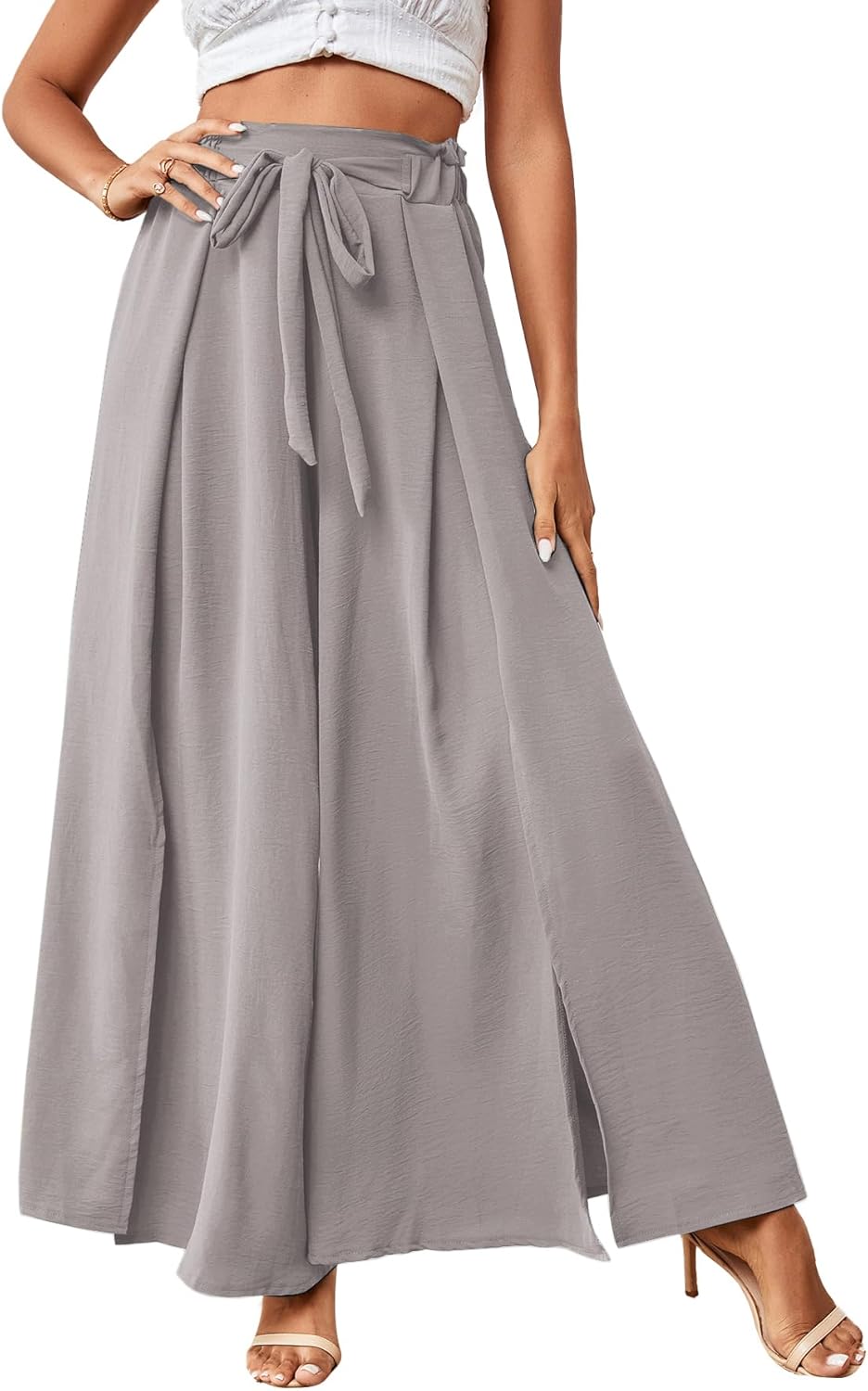 LYANER Women's Tie Front High Waist Side Split Slit Flowy Wide Leg Pleated Pant with Belt - Image 5