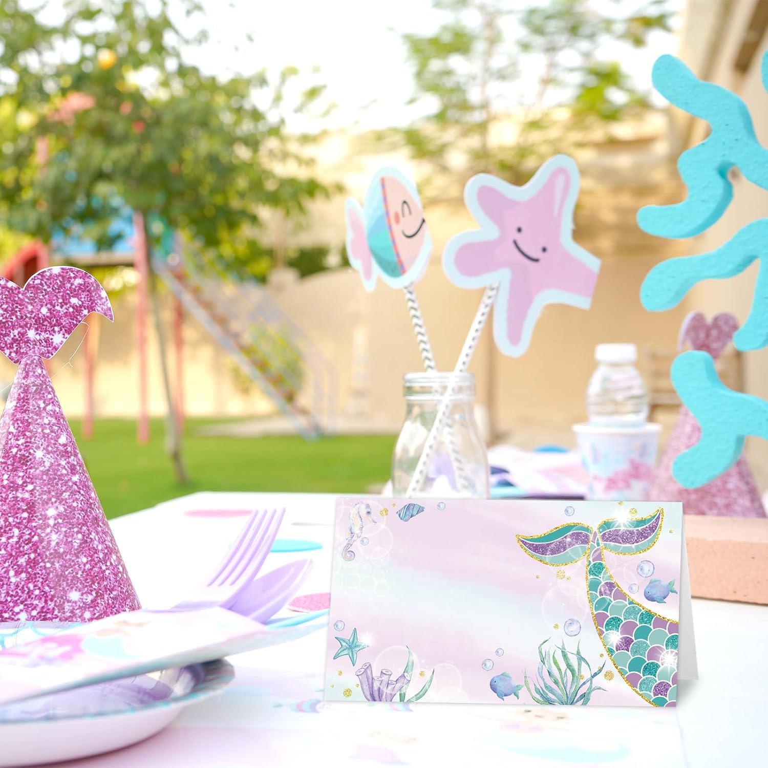 Whaline 100 Pcs Mermaid Place Cards 2 x 3.5 Inch Purple Tent Name Cards Blank Seat Assignment Label Card for Party Table Setting Supplies