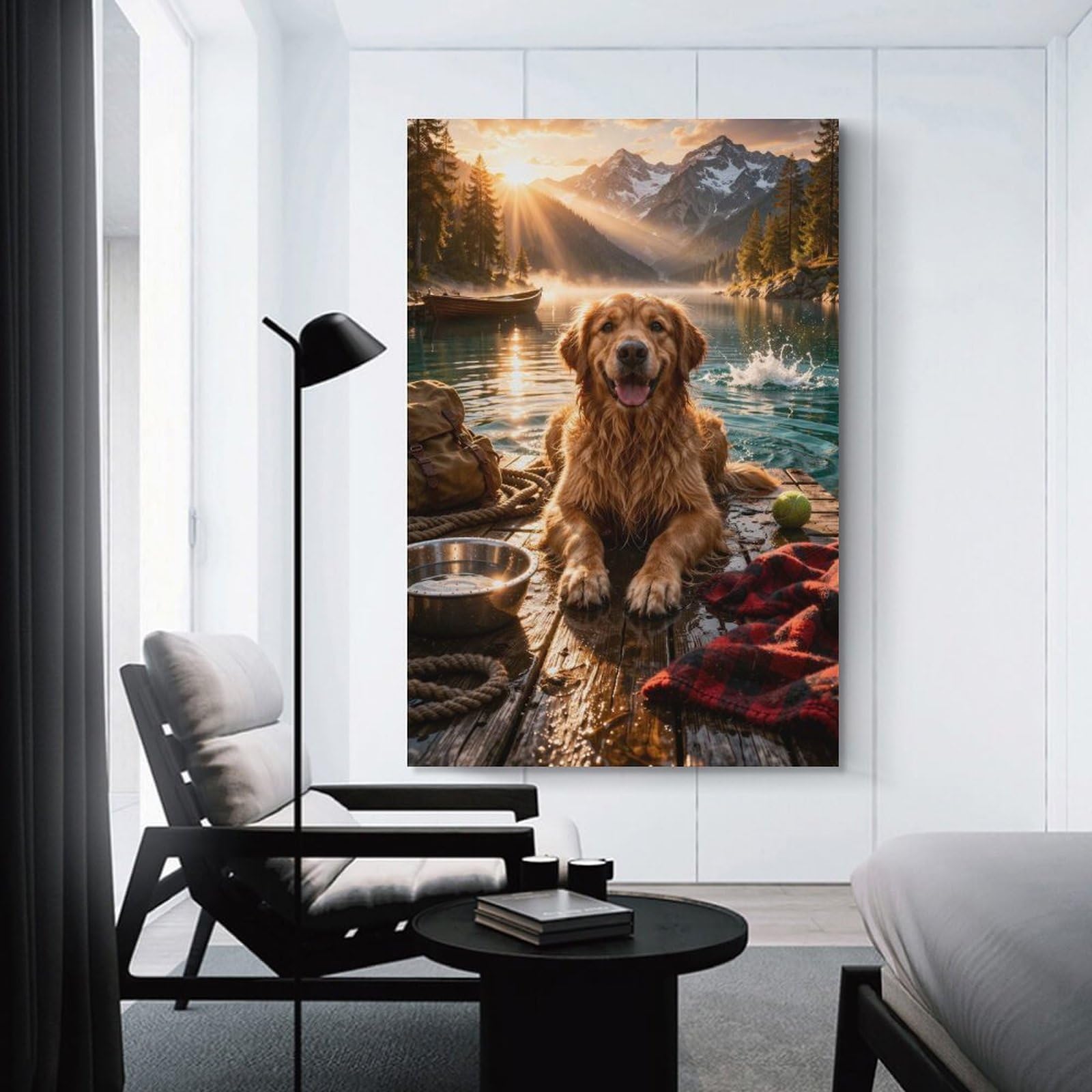Junmoney Unframe-Style-16 Hanging Wall Art Golden Retriever By A Mountain Lake, 20X30inch(50X75cm), For Gallery Wall Layouts In Home Or Office, An Easy Match For Collected Prints