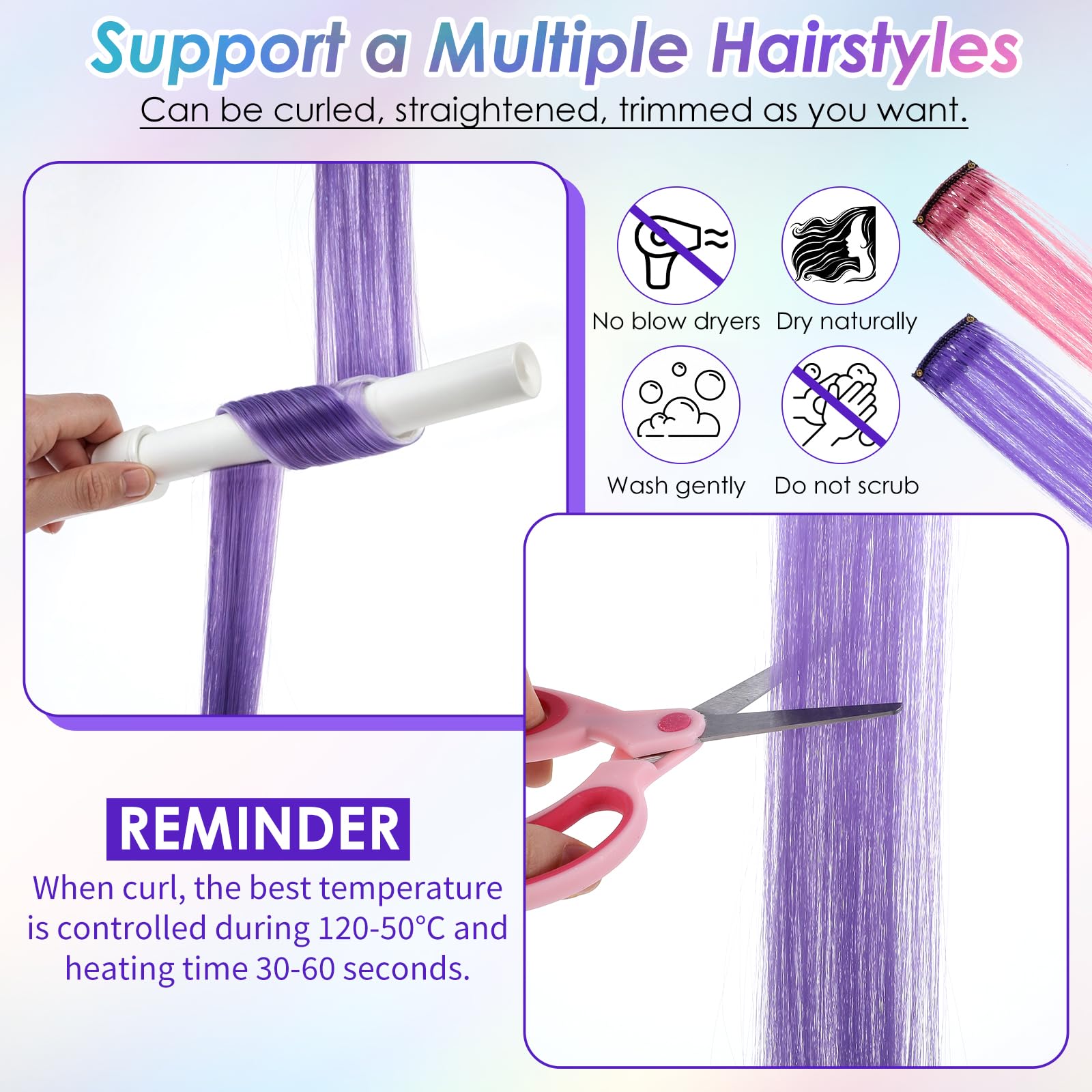 Oruola 16pcs Coloured Hair Extensions,Hair Extensions Clip in Kids,22 Inch Purple Hairs Extension,Highlighted Colourful Straight Synthetic Hairpieces for Party and Daily Use - Image 3