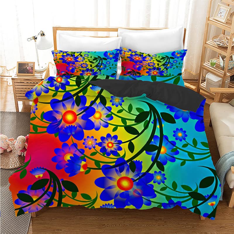 Housse de couette 160x200 fleurs bleues en microfibres avec 2 taies