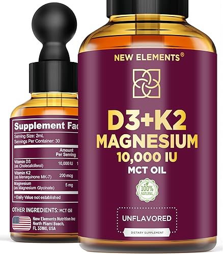 Vitamina D3 líquida con K2 y glicinato de magnesio | Gotas de vitamina D de 10.000 UI | Vitamina K2 200mcg Mk7 | Suplemento de vitamina D3 + K2 para