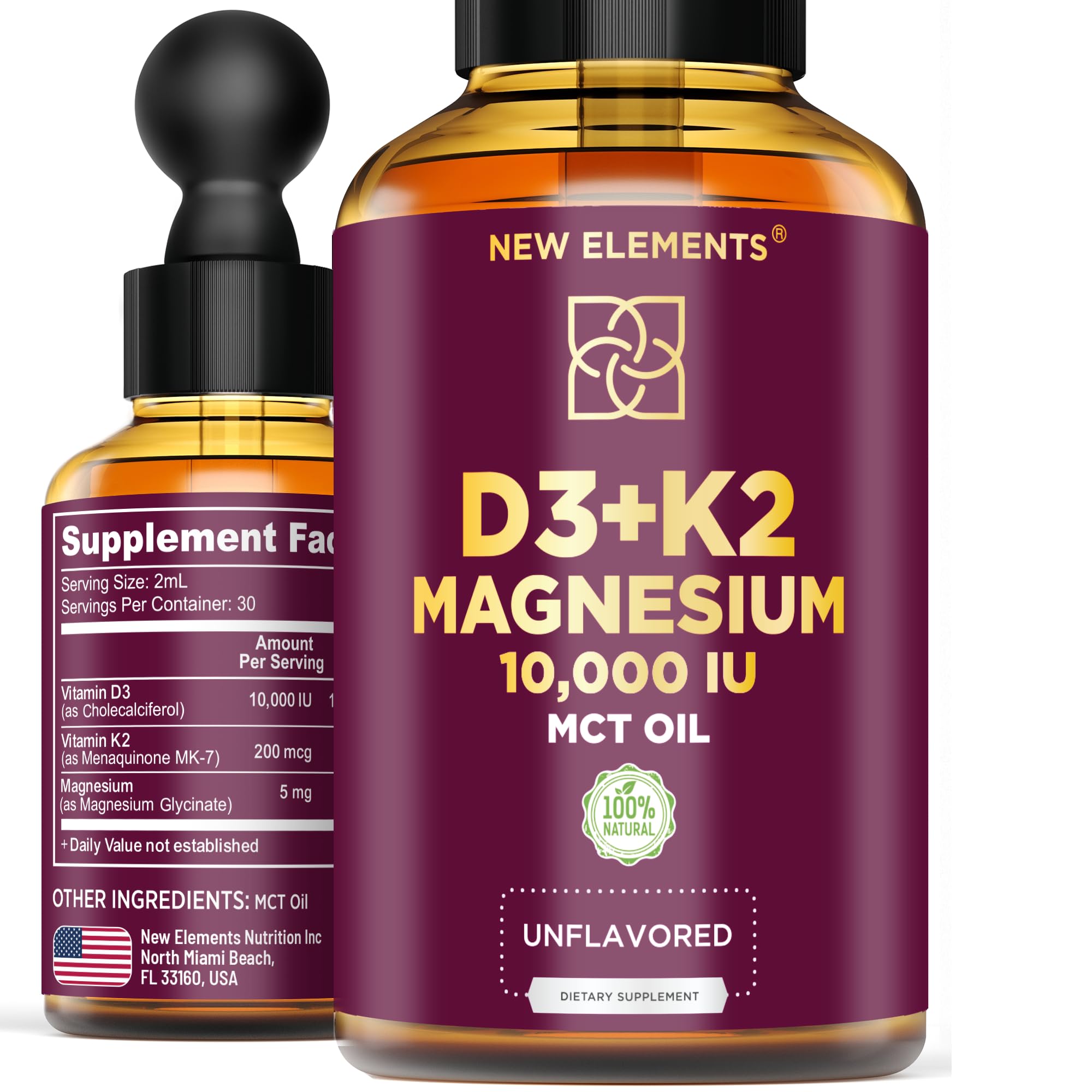 Liquid Vitamin D3 with K2 & Magnesium Glycinate | Vitamin D Drops 10.000 IU | Vitamin K2 200mcg Mk7 | Vitamin D3 + K2 Supplement for Men & Women | High Absorption | MCT Oil | Gluten Free | Non-GMO