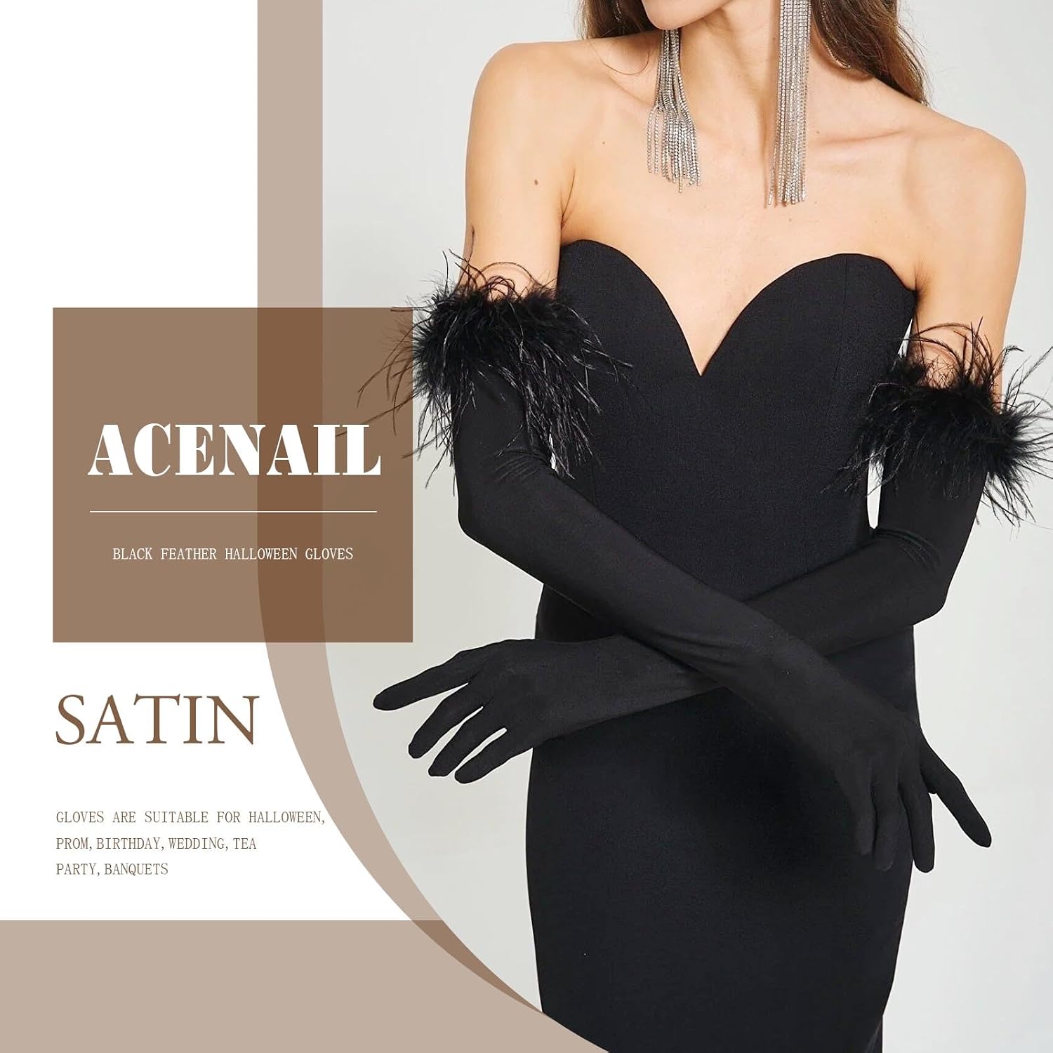 Acenail Black Feather Satin Opera Evening Wedding Women's Gloves - Elbow Length, Perfect for 1920s Costume or Halloween