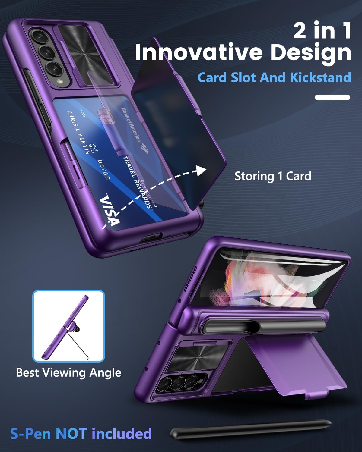 Viaotaily for Samsung Galaxy Z Fold 3 Case with Card Holder & S Pen Holder & Slide Lens Cover, Built-in Hinge Protection & Screen Protector, Durable Sturdy Phone Cover for Galaxy Z Fold 3, Dark Purple