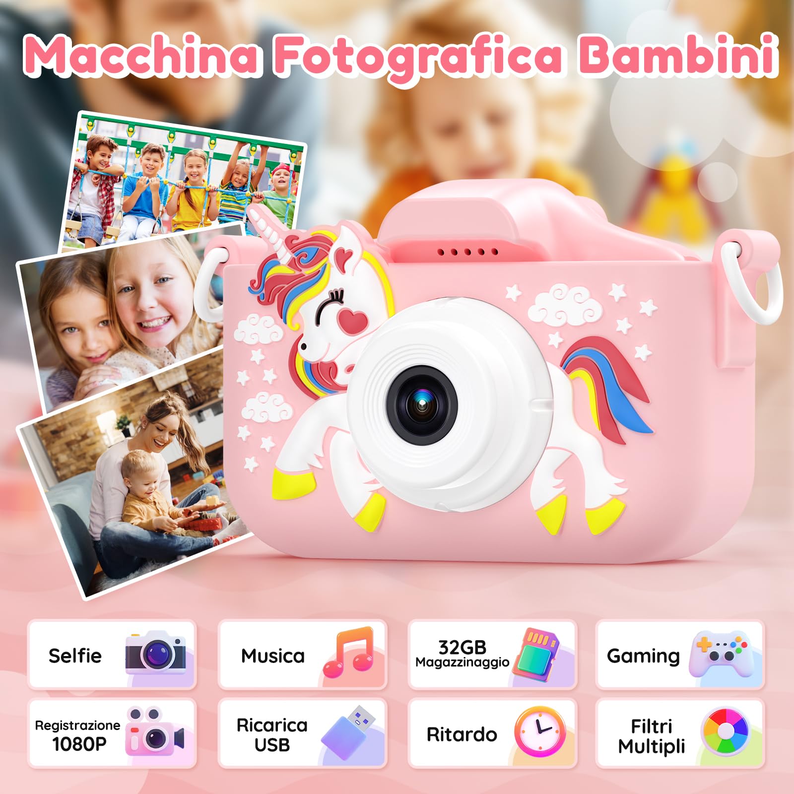 YOZISS Macchina Fotografica Bambini, 1080P Macchina Fotografica per Bambini, HD Selfie Mini Ricaricabile Fotocamera Digitale Bambina per Ragazze Ragazzi 3 a 10 Anni