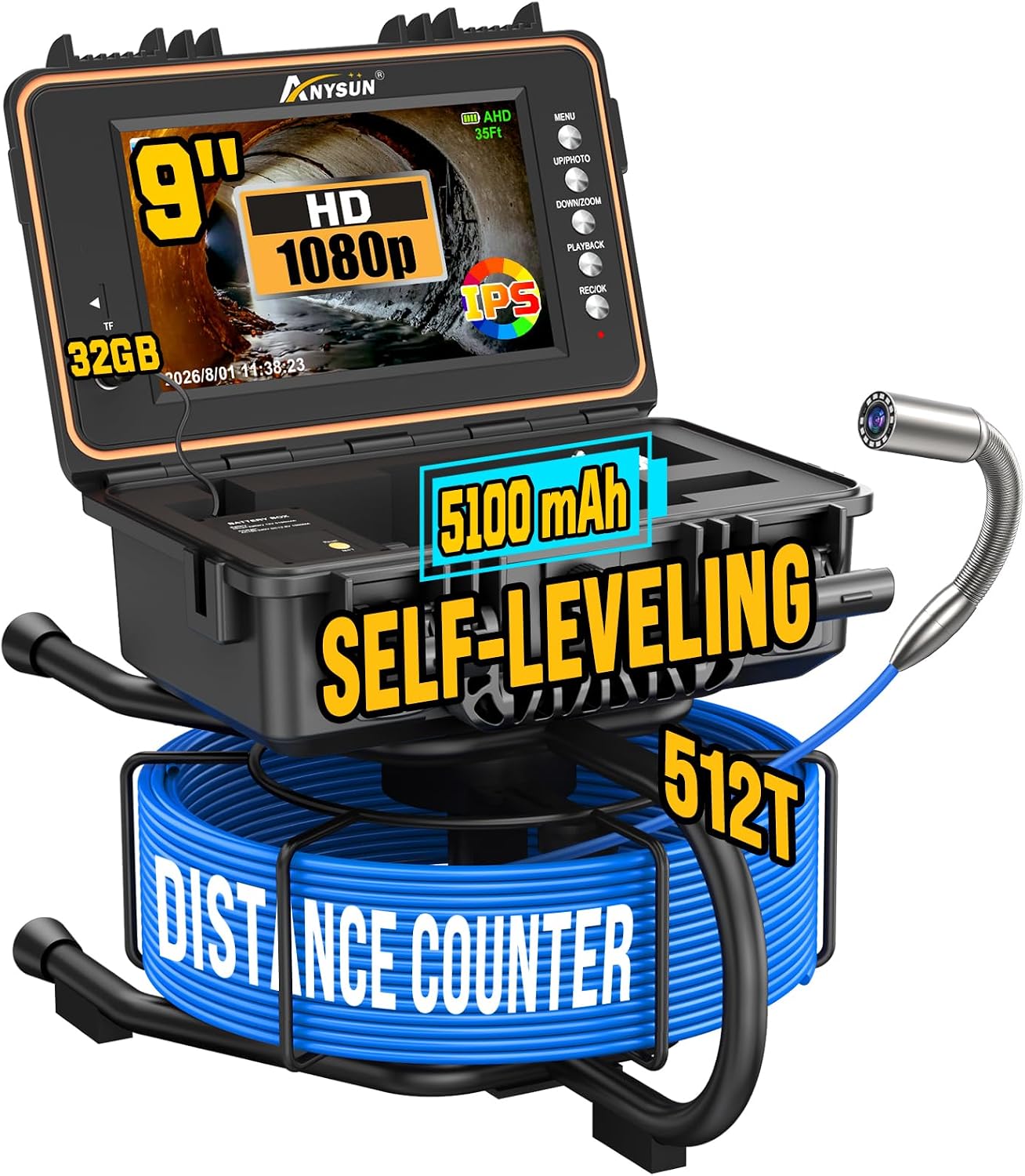 Anysun 9'' Sewer Camera Self Leveling, Distance Counter, 5100mAh, IPS Screen, HD 1080P with DVR - 32GB, IP68 Drain Inspection Cameras Borescope Snake (Blue, 165FT/50M cable-512Hz & self Leveling)