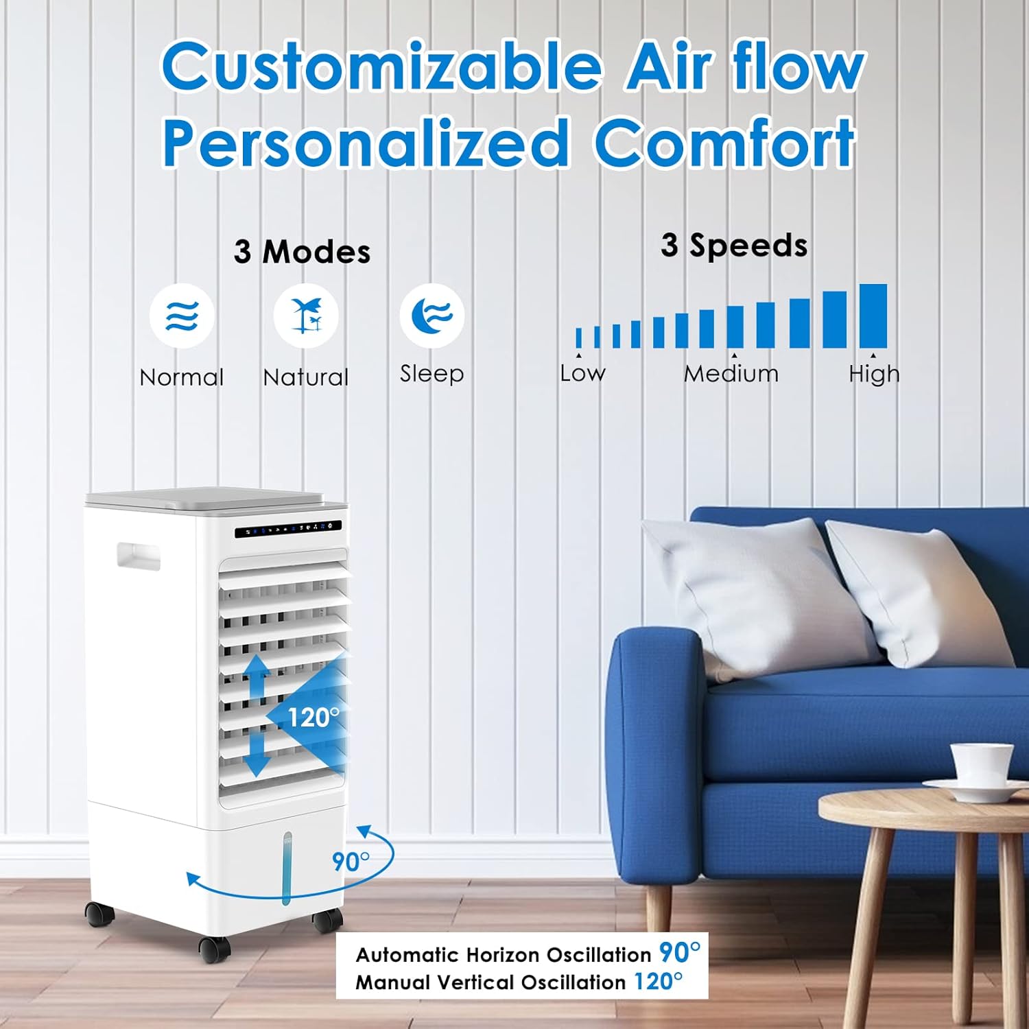 Air cooler displaying 3 modes (Normal, Natural, Sleep) and 3 speeds (Low, Medium, High) with oscillation