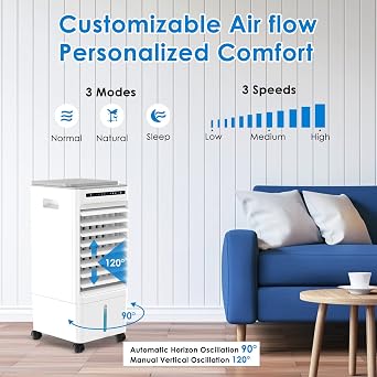 Evaporative Air Cooler, Yovikin 4-IN-1 Portable Air Conditioner Humidifier Air Purifier Cooling Fan, Negative Ions, 3 Modes, 1-7H Timer, Remote Control, 65W Mobile Space Cooler for Home & Office [Energy Class A]